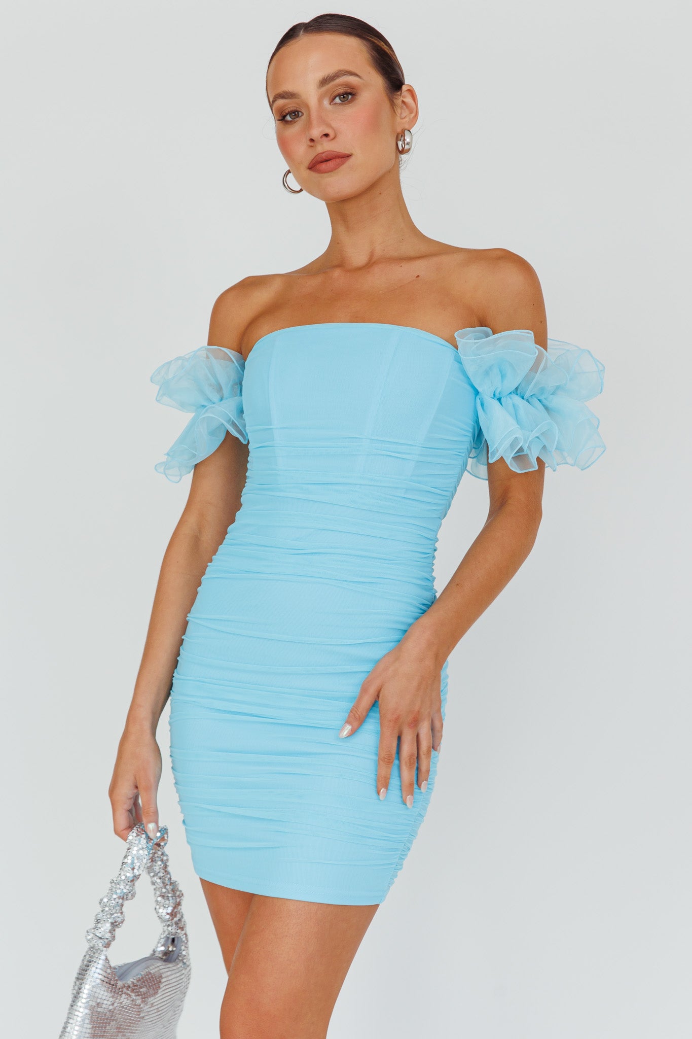 Star Dust Off-Shoulder Frill Sleeve Mini Dress Baby Blue by Selfie Leslie Australia
