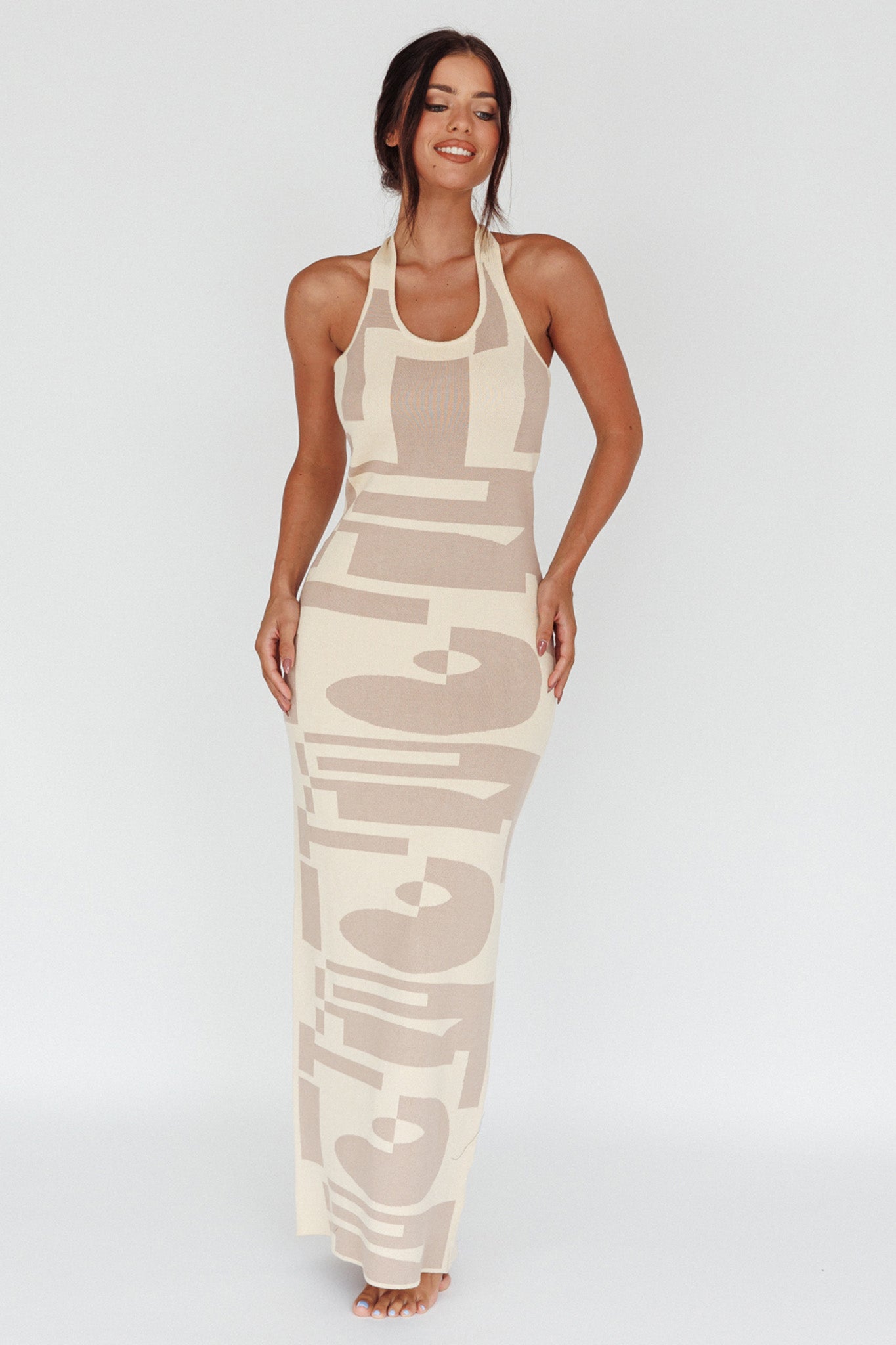 Desert Daze Halterneck Knit Dress Beige by Selfie Leslie Australia