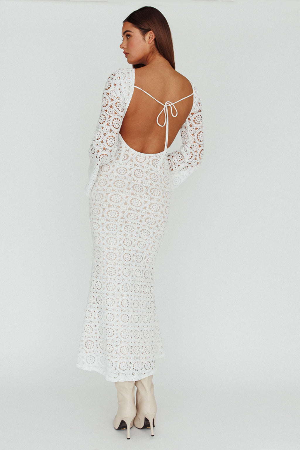 Kasia Long Sleeve Crochet Maxi Dress White by Selfie Leslie Australia