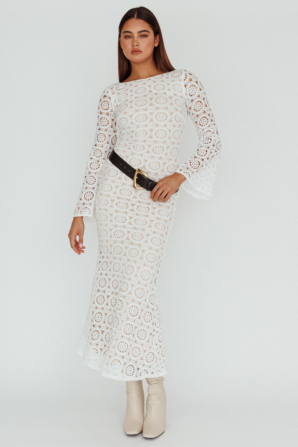 Kasia Long Sleeve Crochet Maxi Dress White by Selfie Leslie Australia