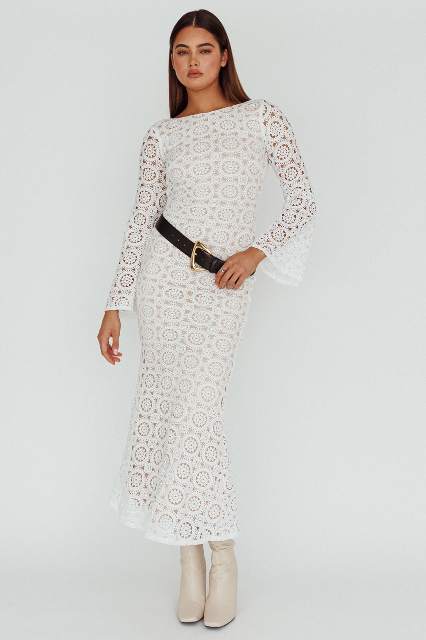 Kasia Long Sleeve Crochet Maxi Dress White by Selfie Leslie Australia