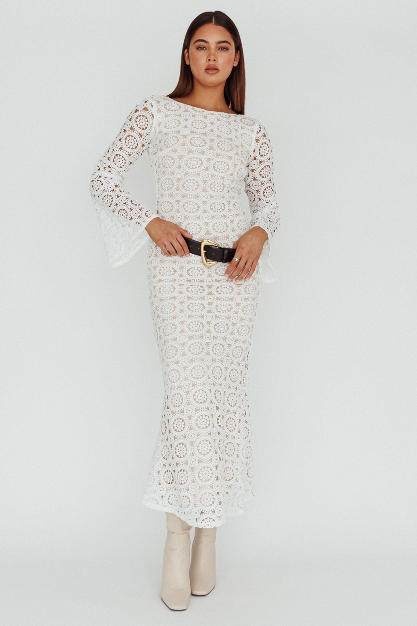 Kasia Long Sleeve Crochet Maxi Dress White by Selfie Leslie Australia