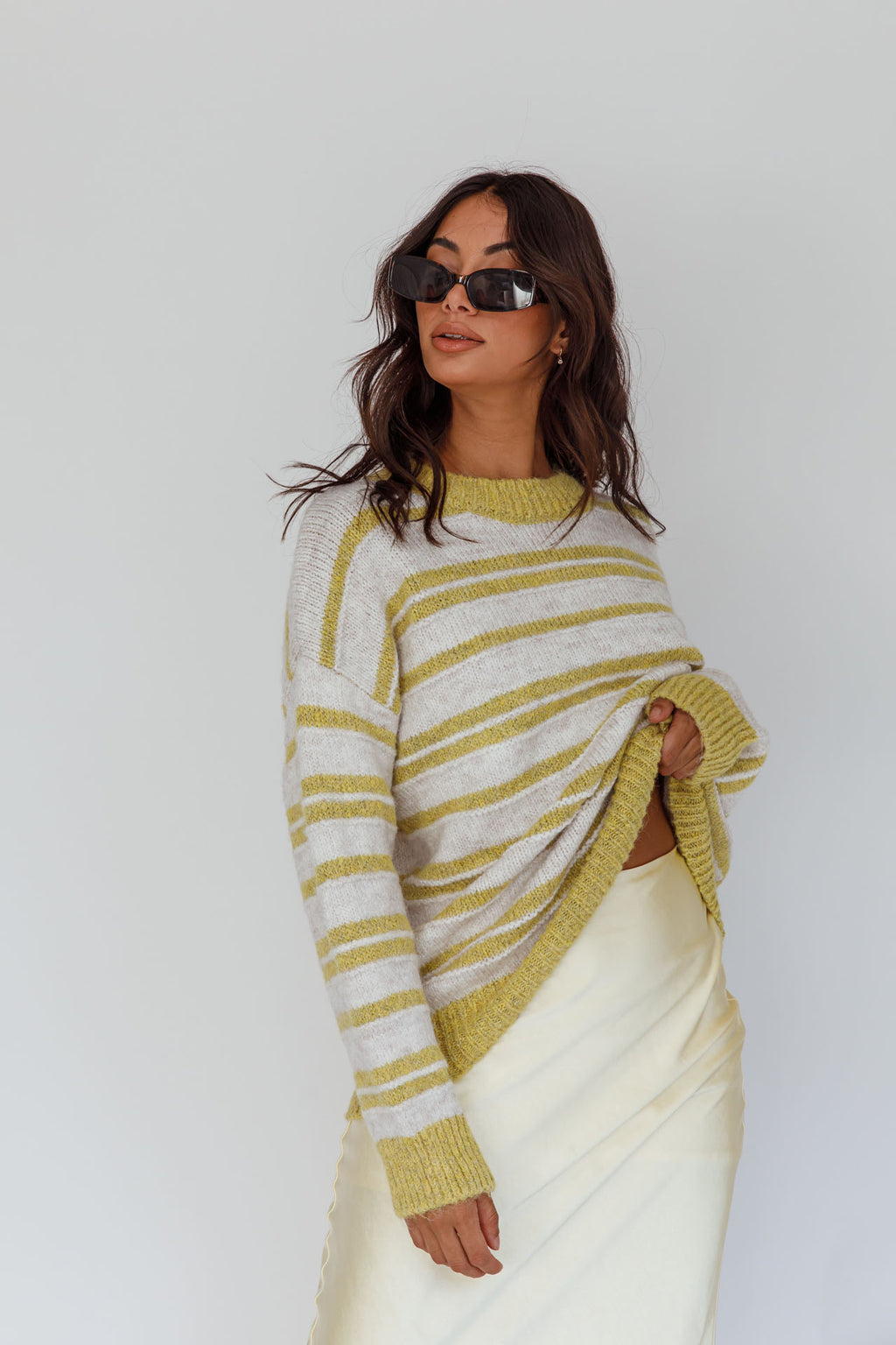 Jona Relaxed Knit Sweater Striped Beige by Selfie Leslie Australia