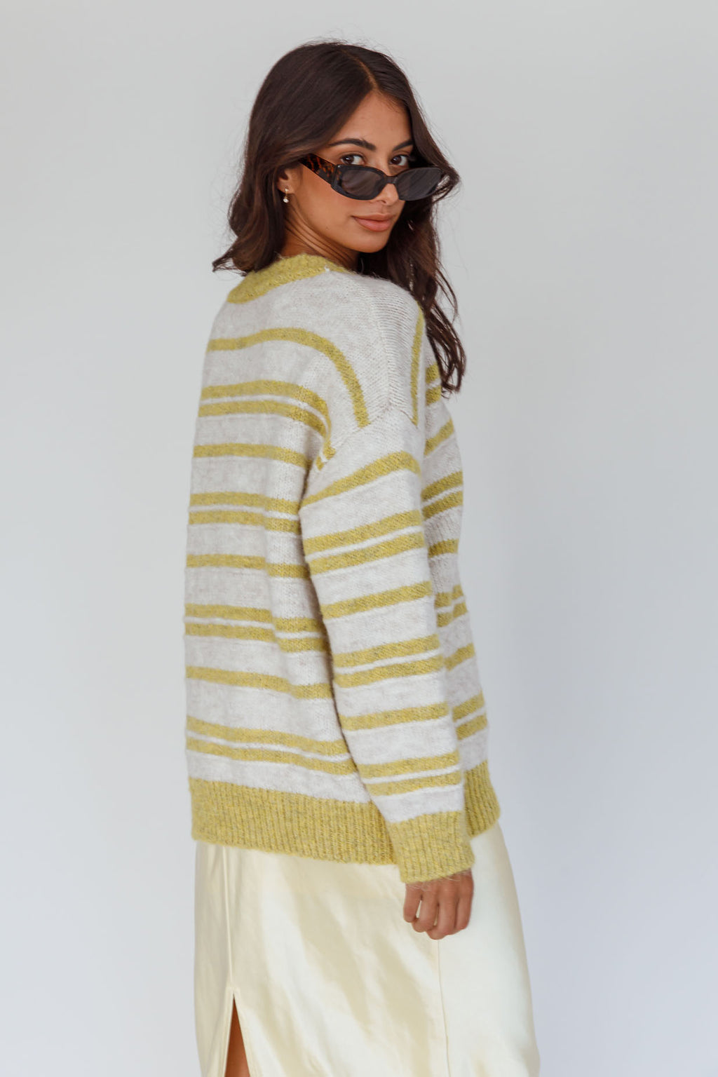 Jona Relaxed Knit Sweater Striped Beige by Selfie Leslie Australia