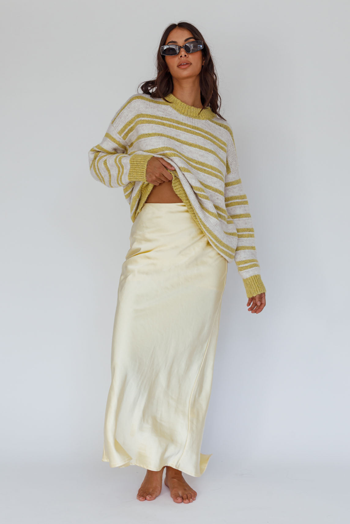 Jona Relaxed Knit Sweater Striped Beige by Selfie Leslie Australia