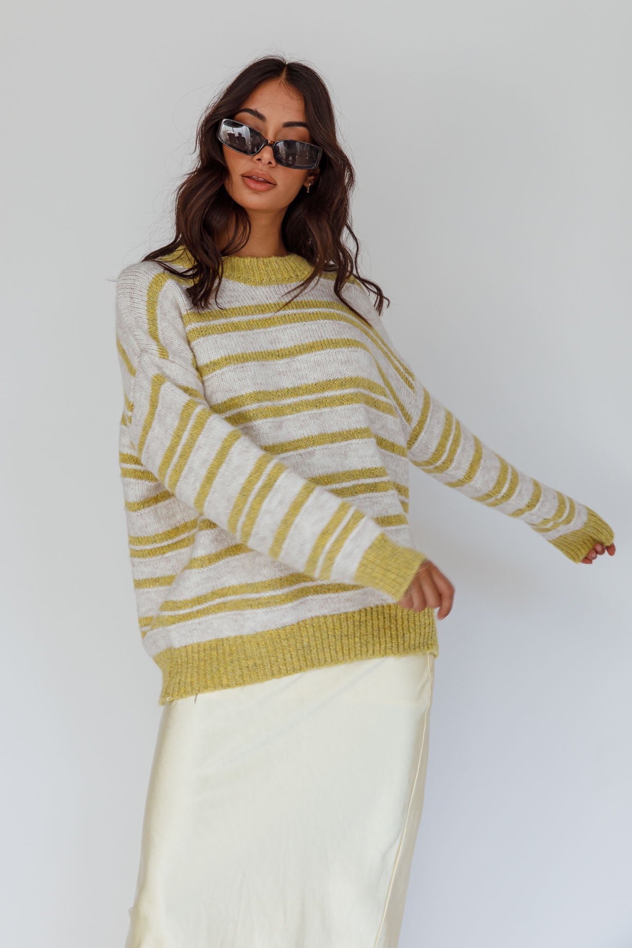Jona Relaxed Knit Sweater Striped Beige by Selfie Leslie Australia