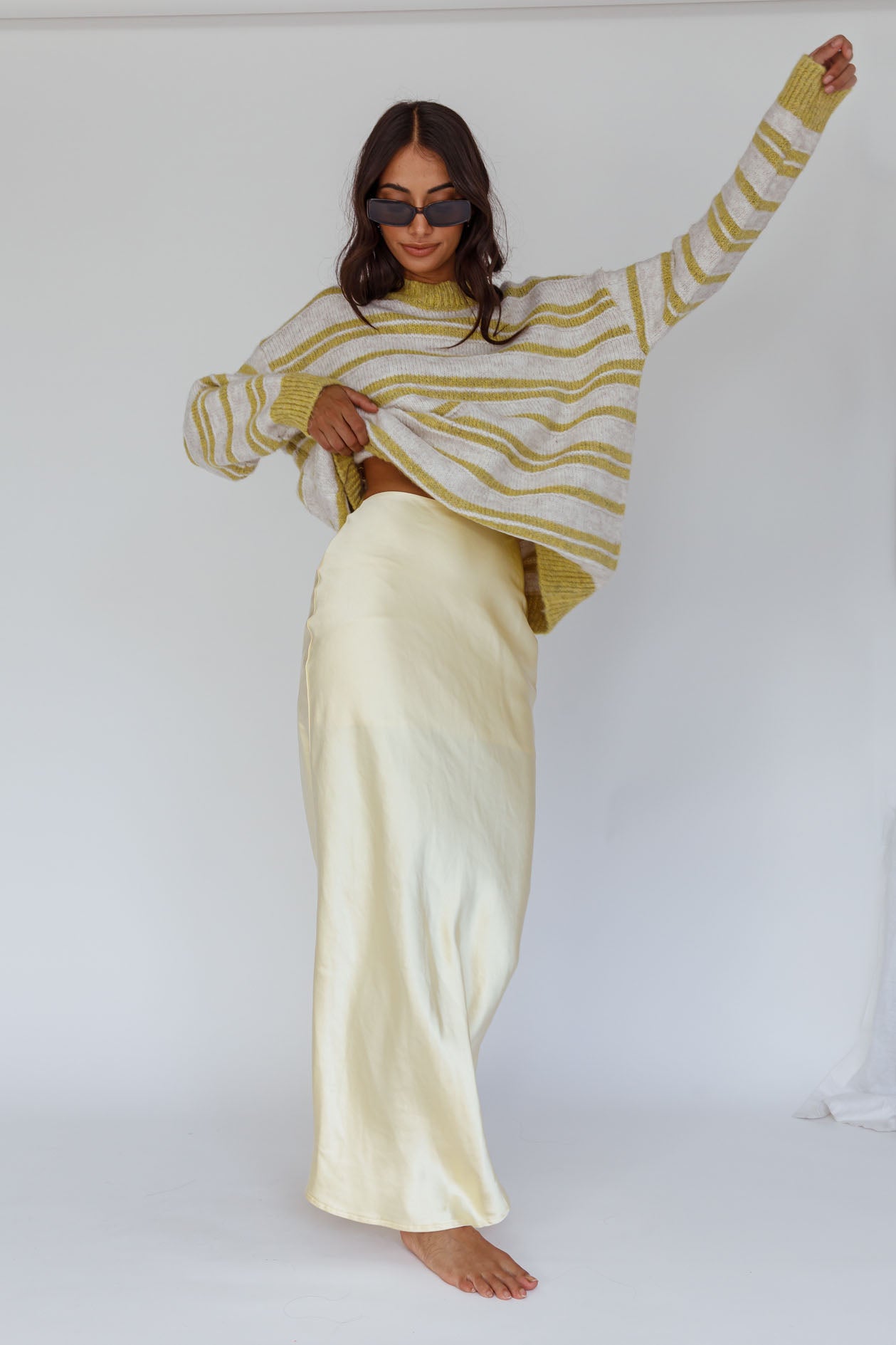 Jona Relaxed Knit Sweater Striped Beige by Selfie Leslie Australia