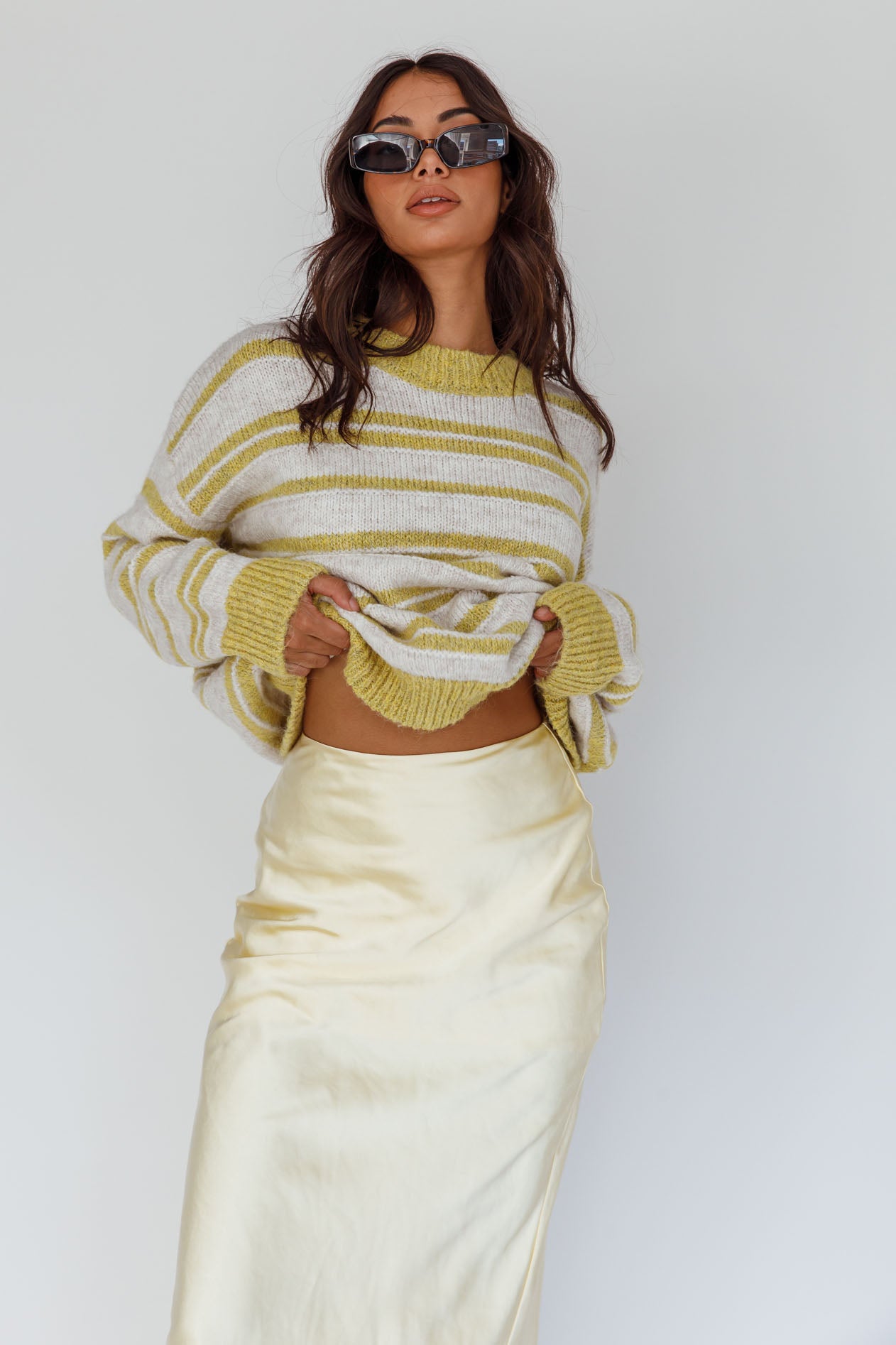 Jona Relaxed Knit Sweater Striped Beige by Selfie Leslie Australia