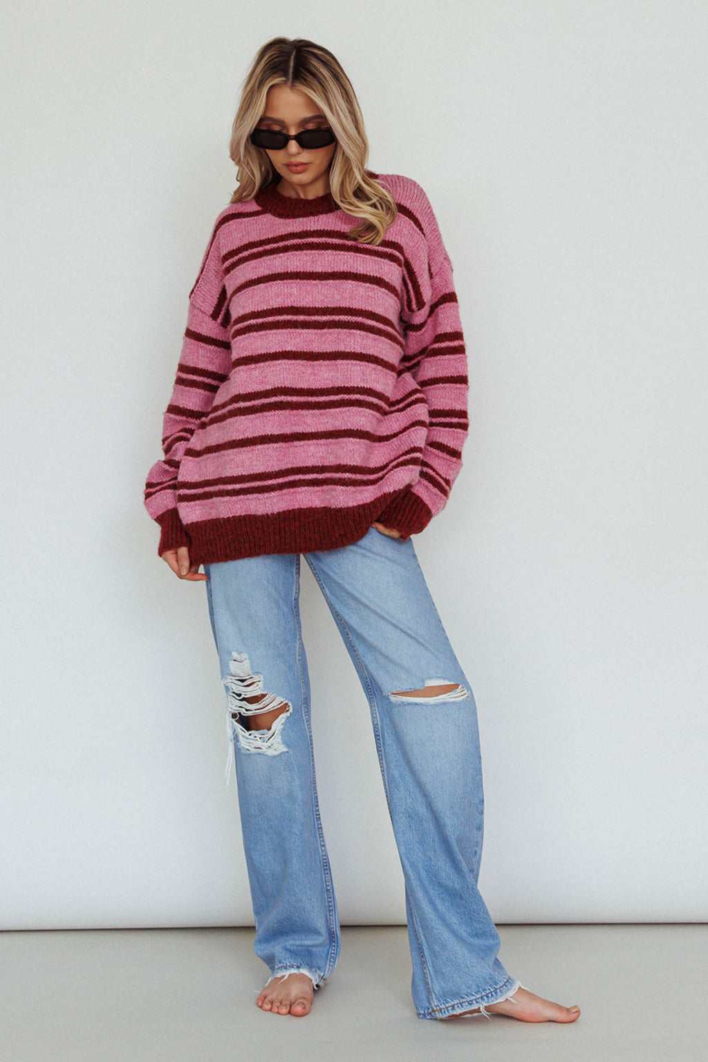 Jona Relaxed Knit Sweater Striped Pink by Selfie Leslie Australia