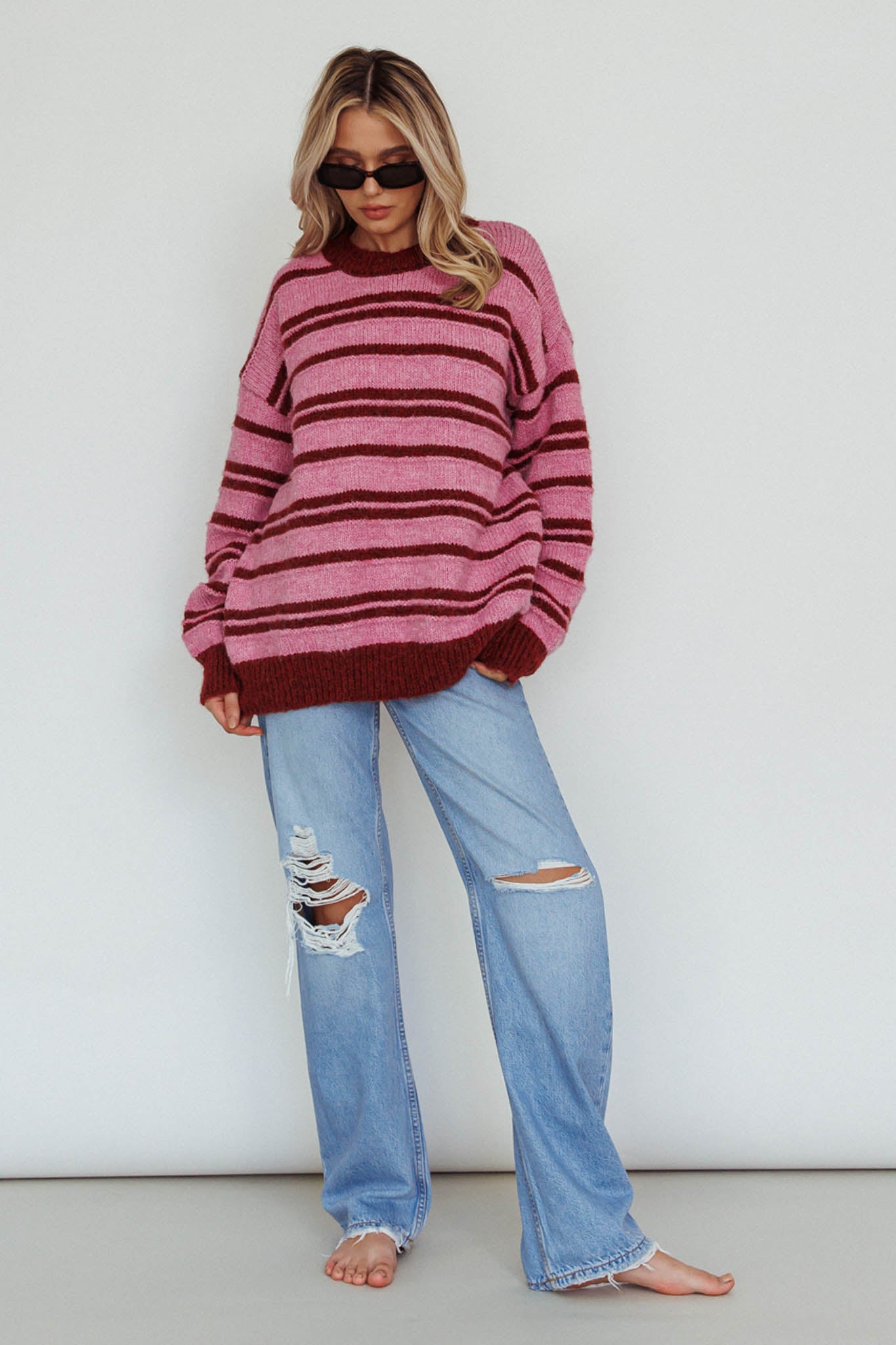 Jona Relaxed Knit Sweater Striped Pink by Selfie Leslie Australia