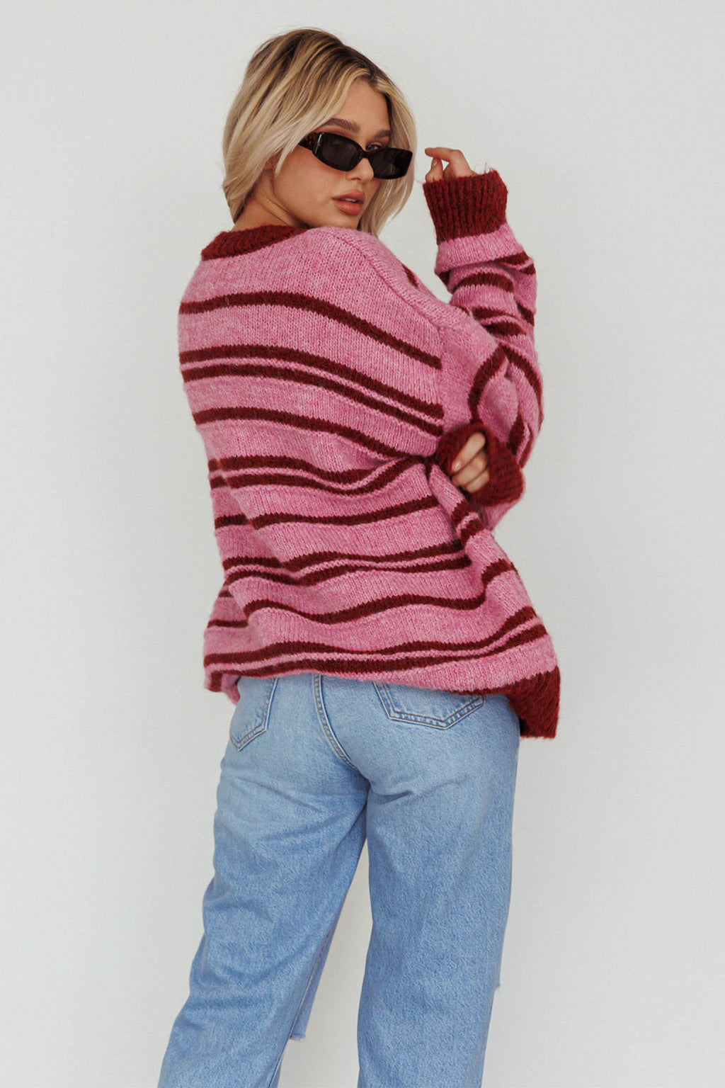 Jona Relaxed Knit Sweater Striped Pink by Selfie Leslie Australia