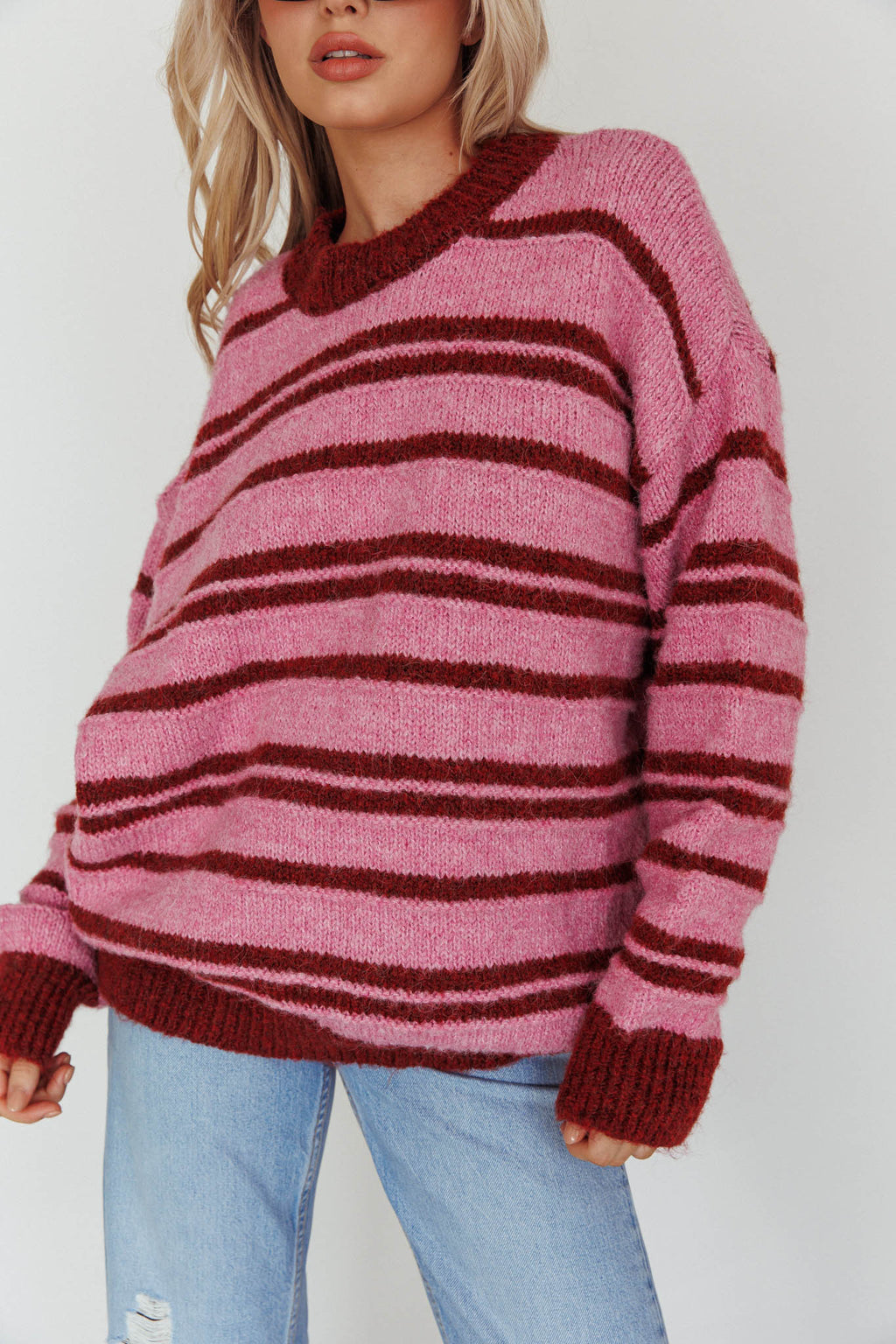 Jona Relaxed Knit Sweater Striped Pink by Selfie Leslie Australia