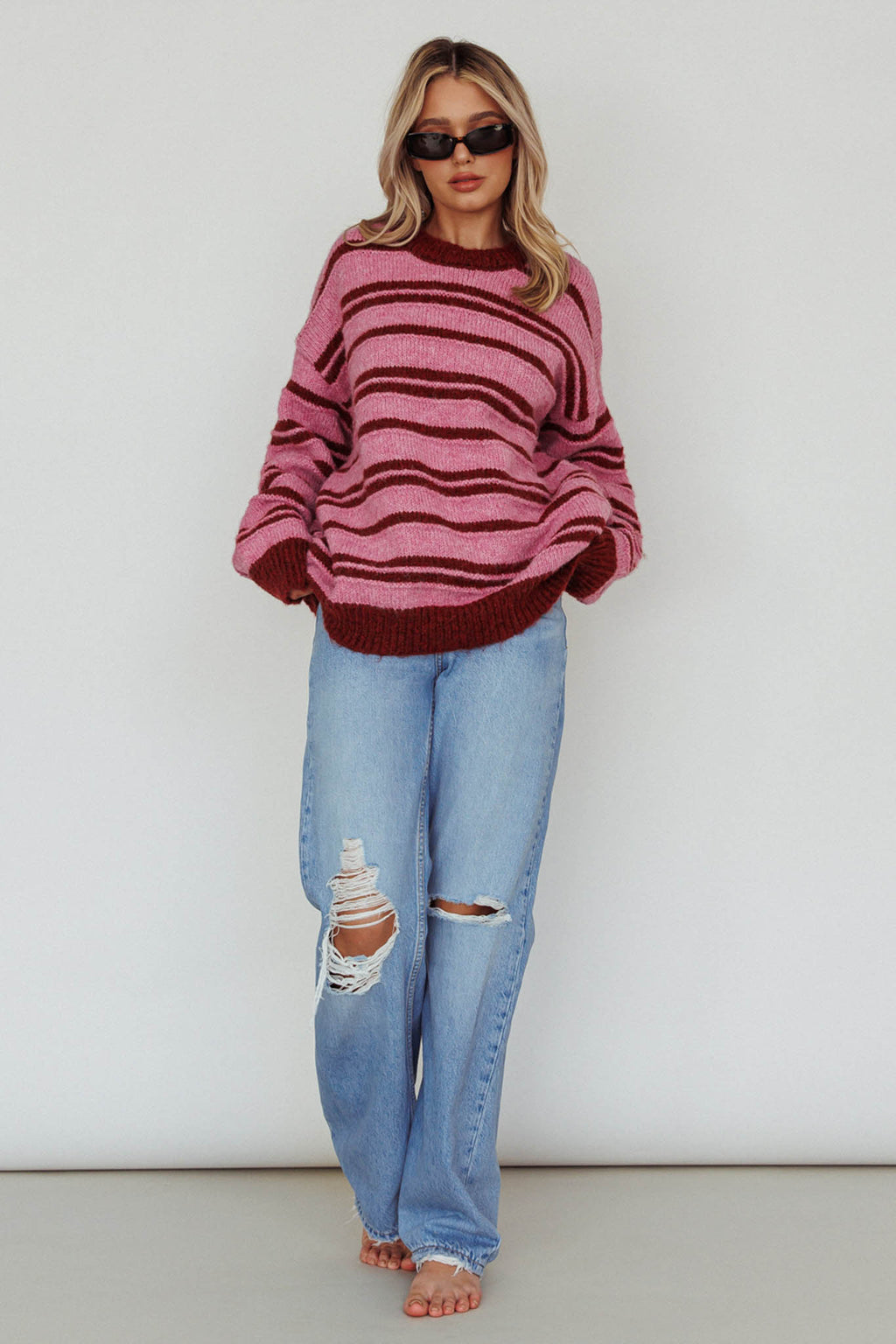 Jona Relaxed Knit Sweater Striped Pink by Selfie Leslie Australia