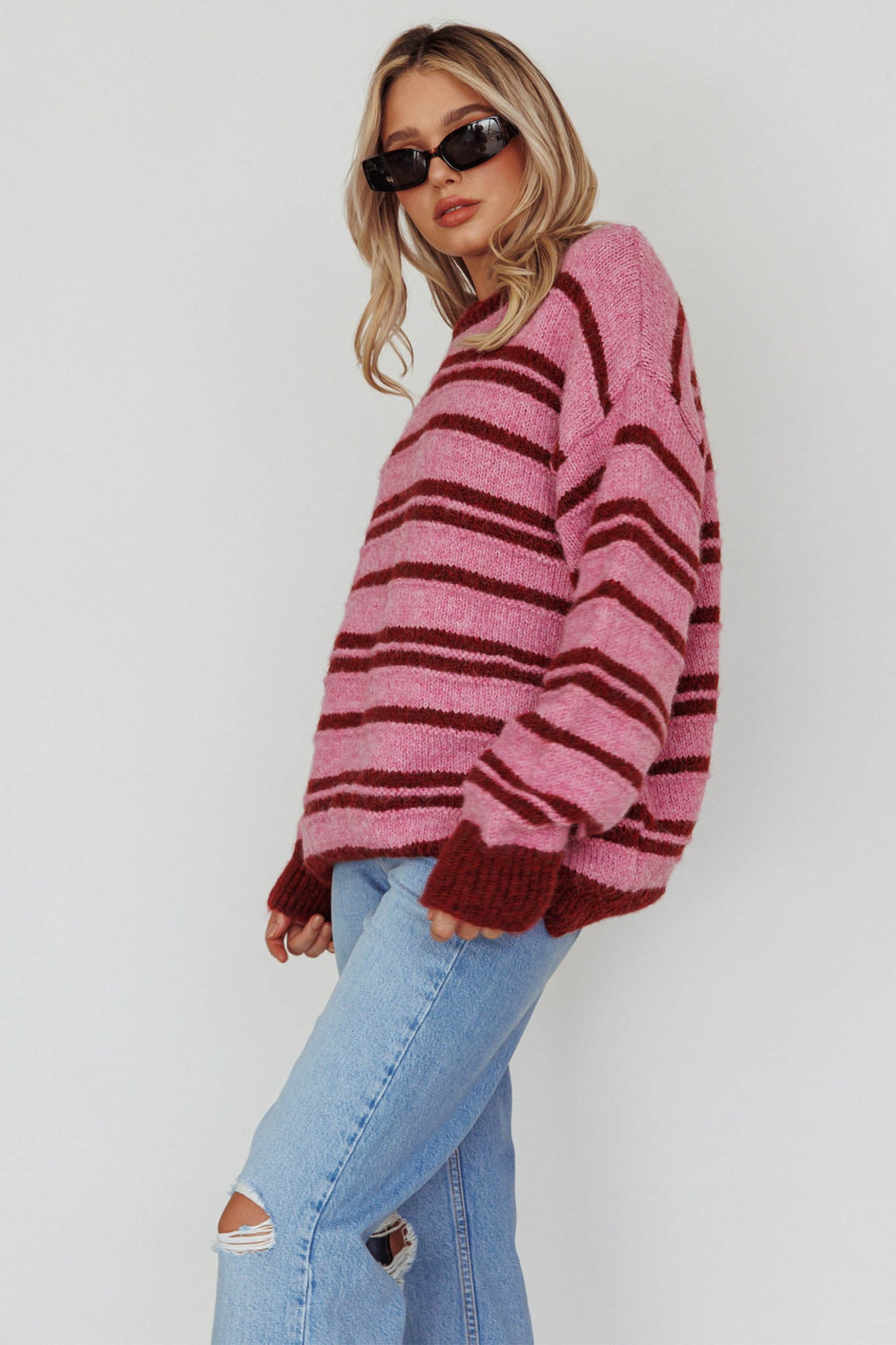 Jona Relaxed Knit Sweater Striped Pink by Selfie Leslie Australia