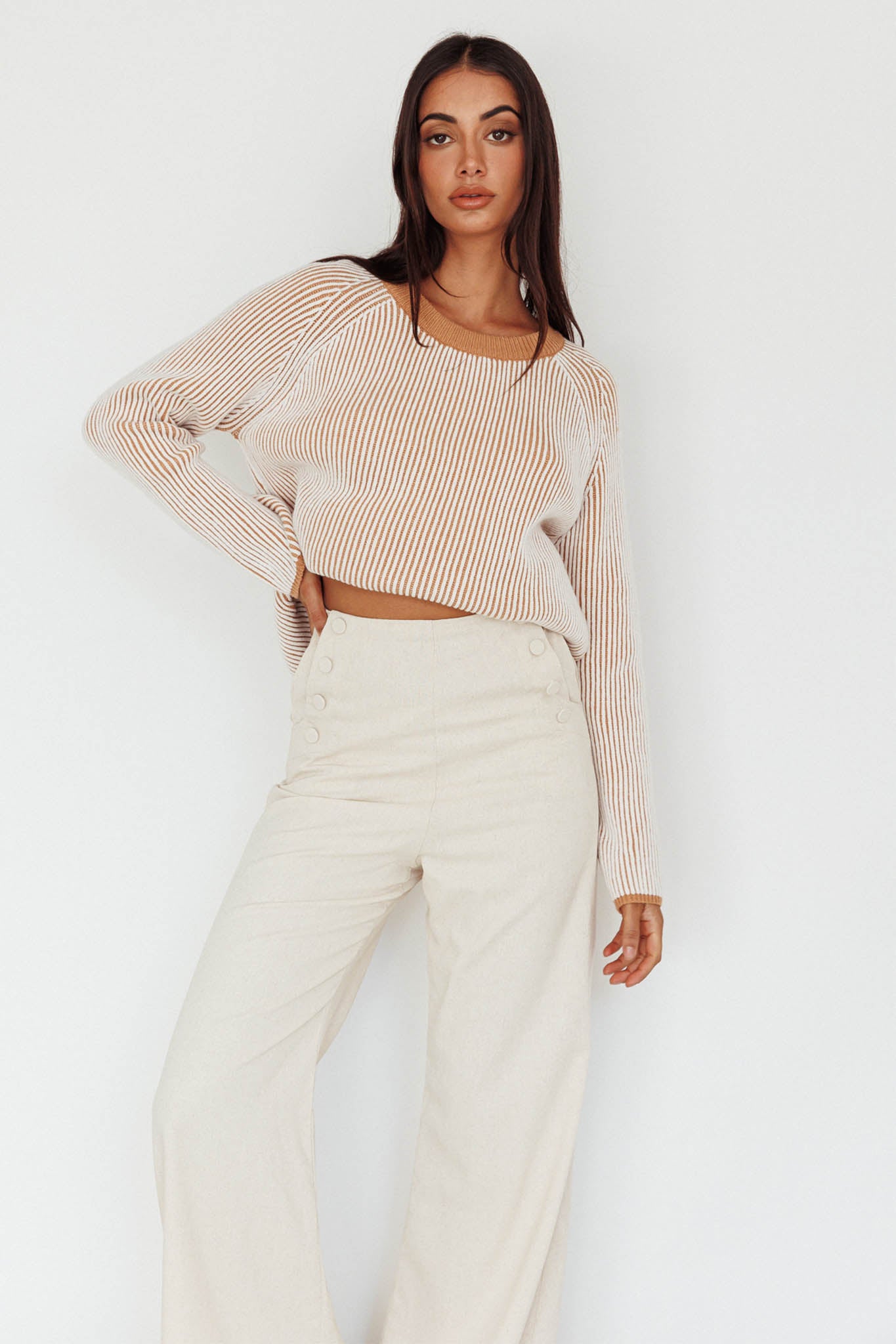 Trafalgur Ribbed Knit Sweater Camel by Selfie Leslie Australia