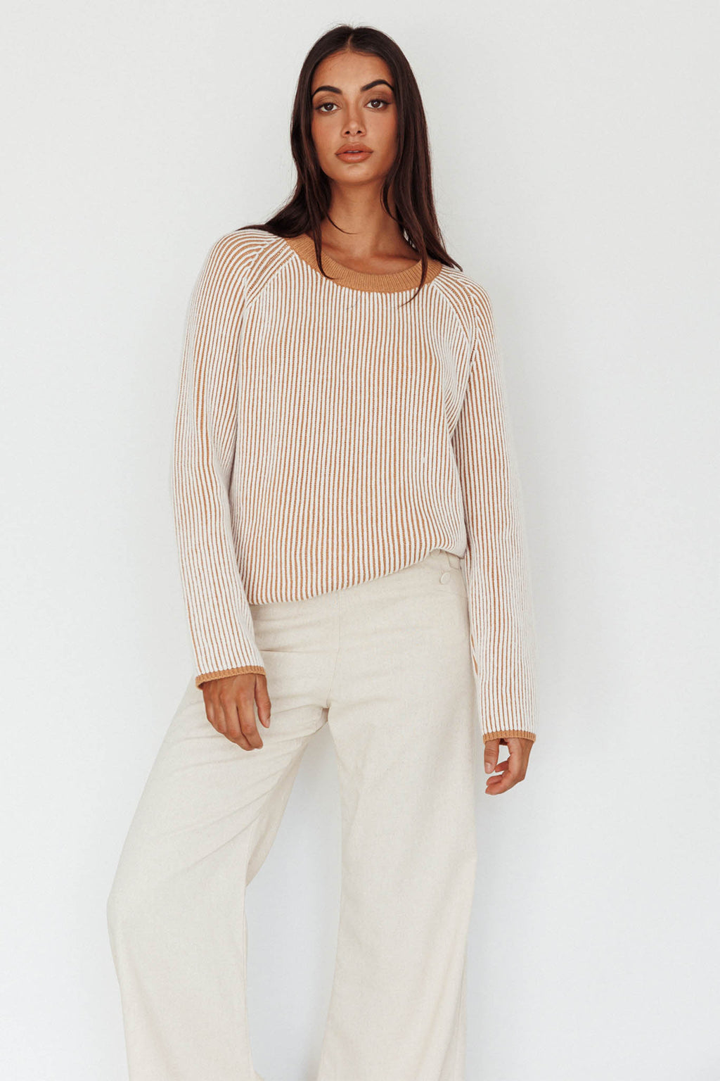 Trafalgur Ribbed Knit Sweater Camel by Selfie Leslie Australia