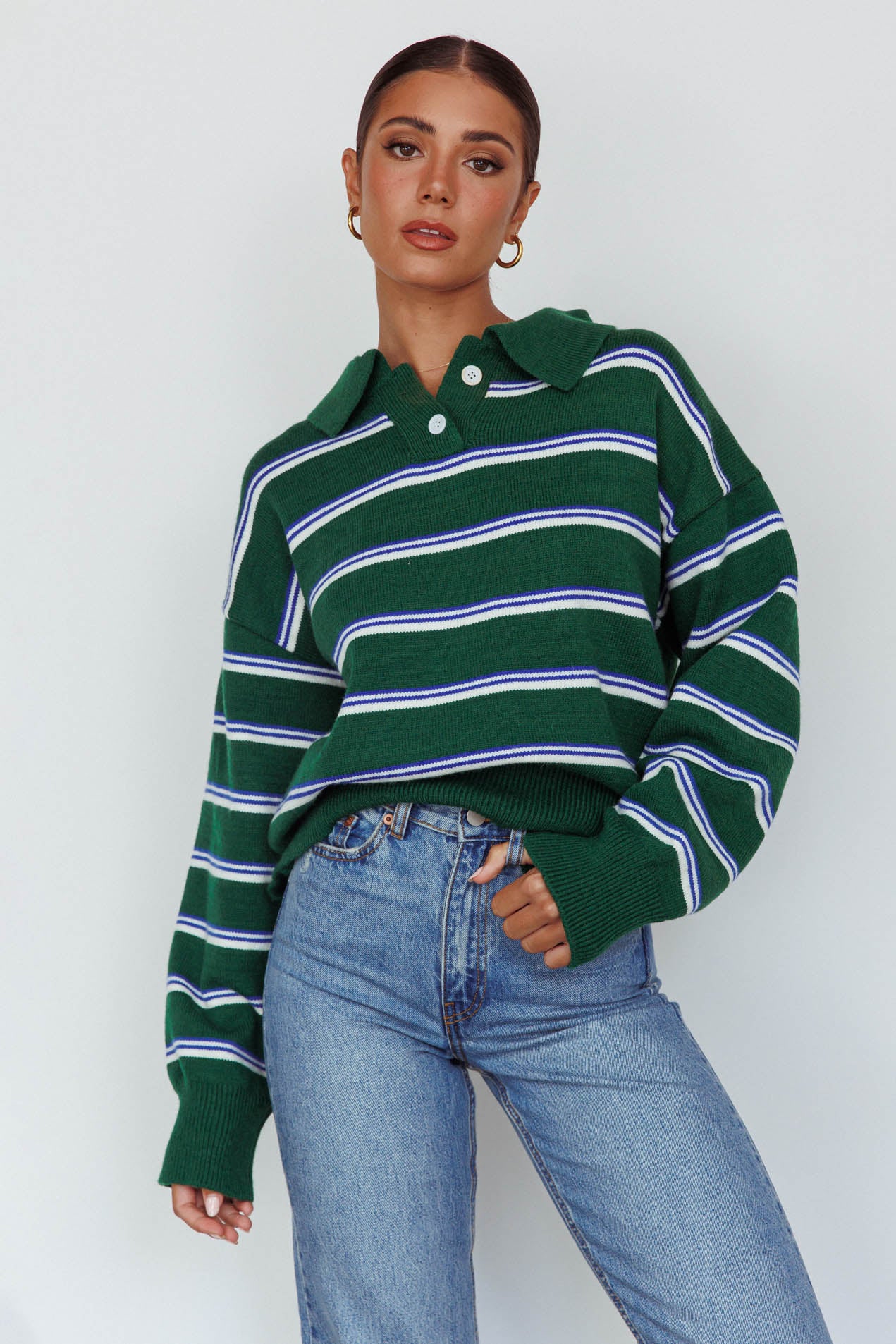 Boston Collared Knit Sweater Striped Forest Green by Selfie Leslie Australia