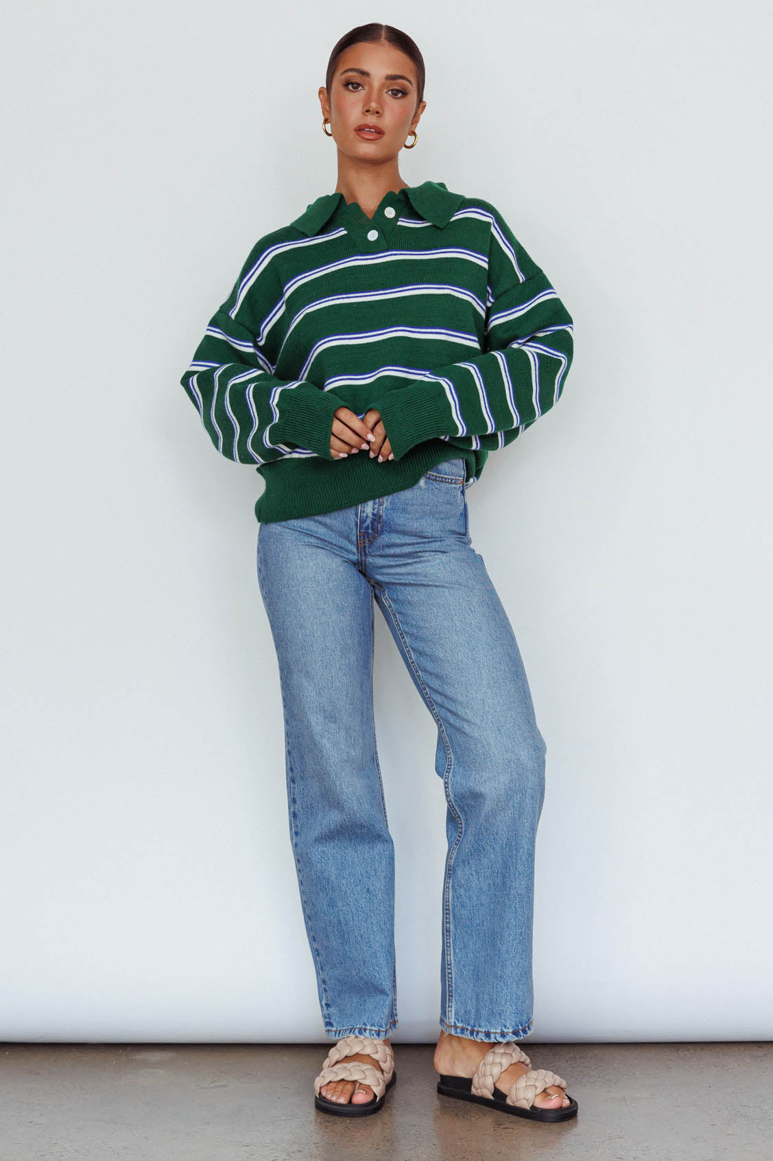 Boston Collared Knit Sweater Striped Forest Green by Selfie Leslie Australia