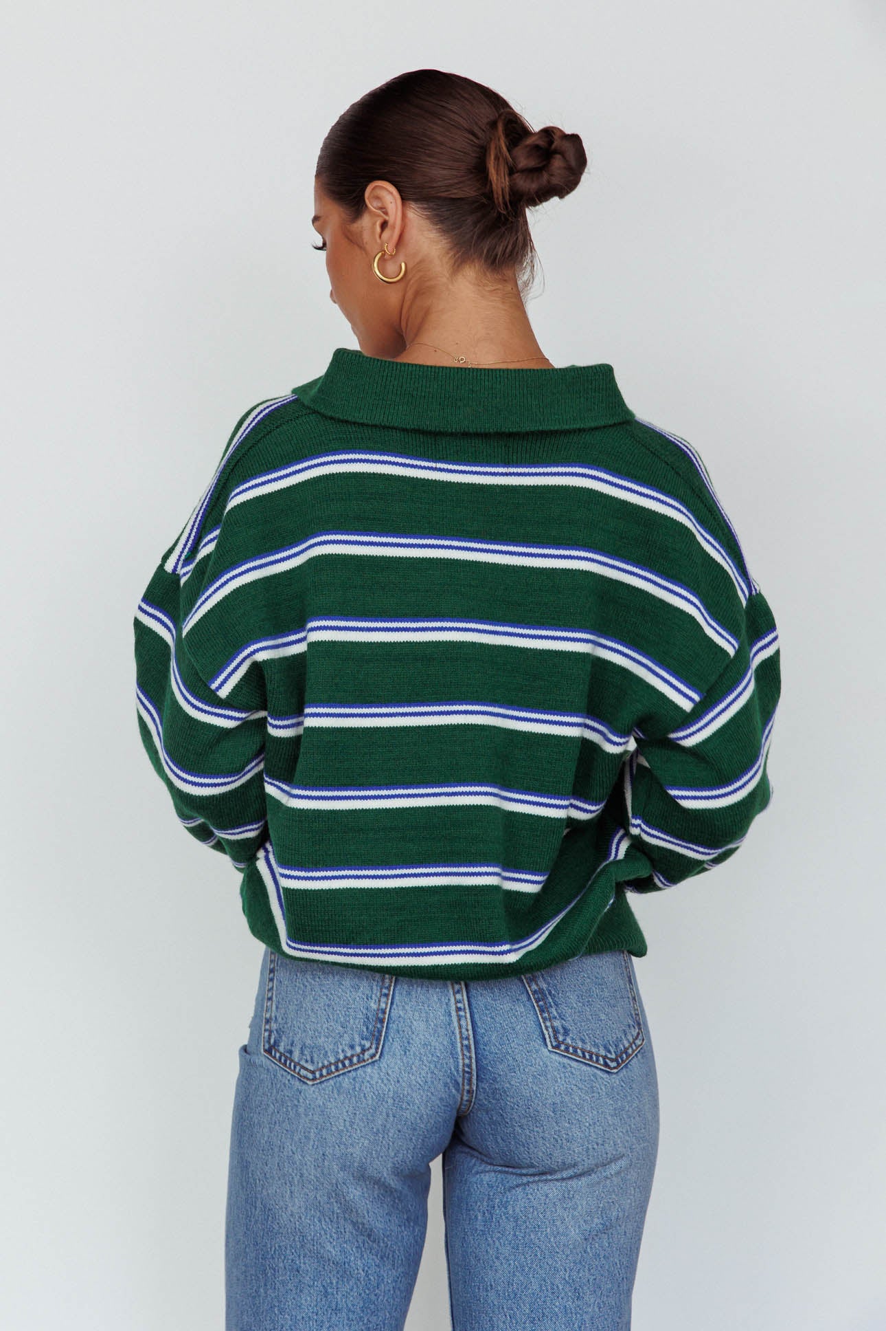 Boston Collared Knit Sweater Striped Forest Green by Selfie Leslie Australia