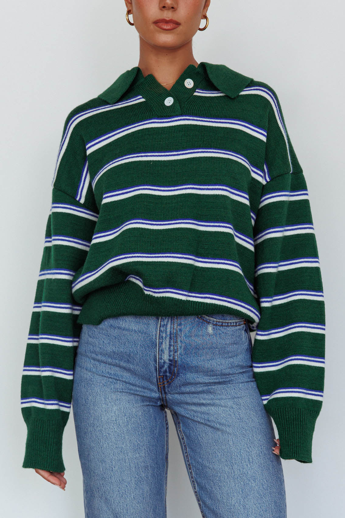Boston Collared Knit Sweater Striped Forest Green by Selfie Leslie Australia