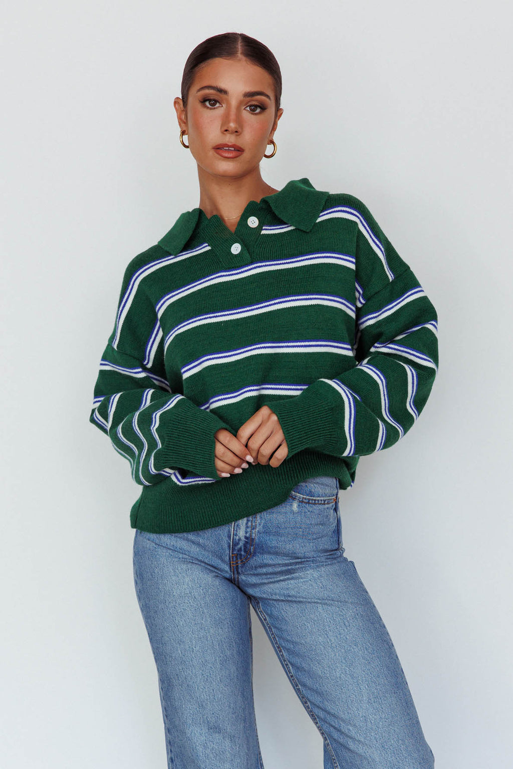 Boston Collared Knit Sweater Striped Forest Green by Selfie Leslie Australia