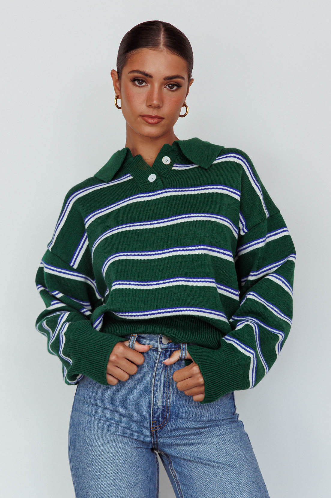 Boston Collared Knit Sweater Striped Forest Green by Selfie Leslie Australia