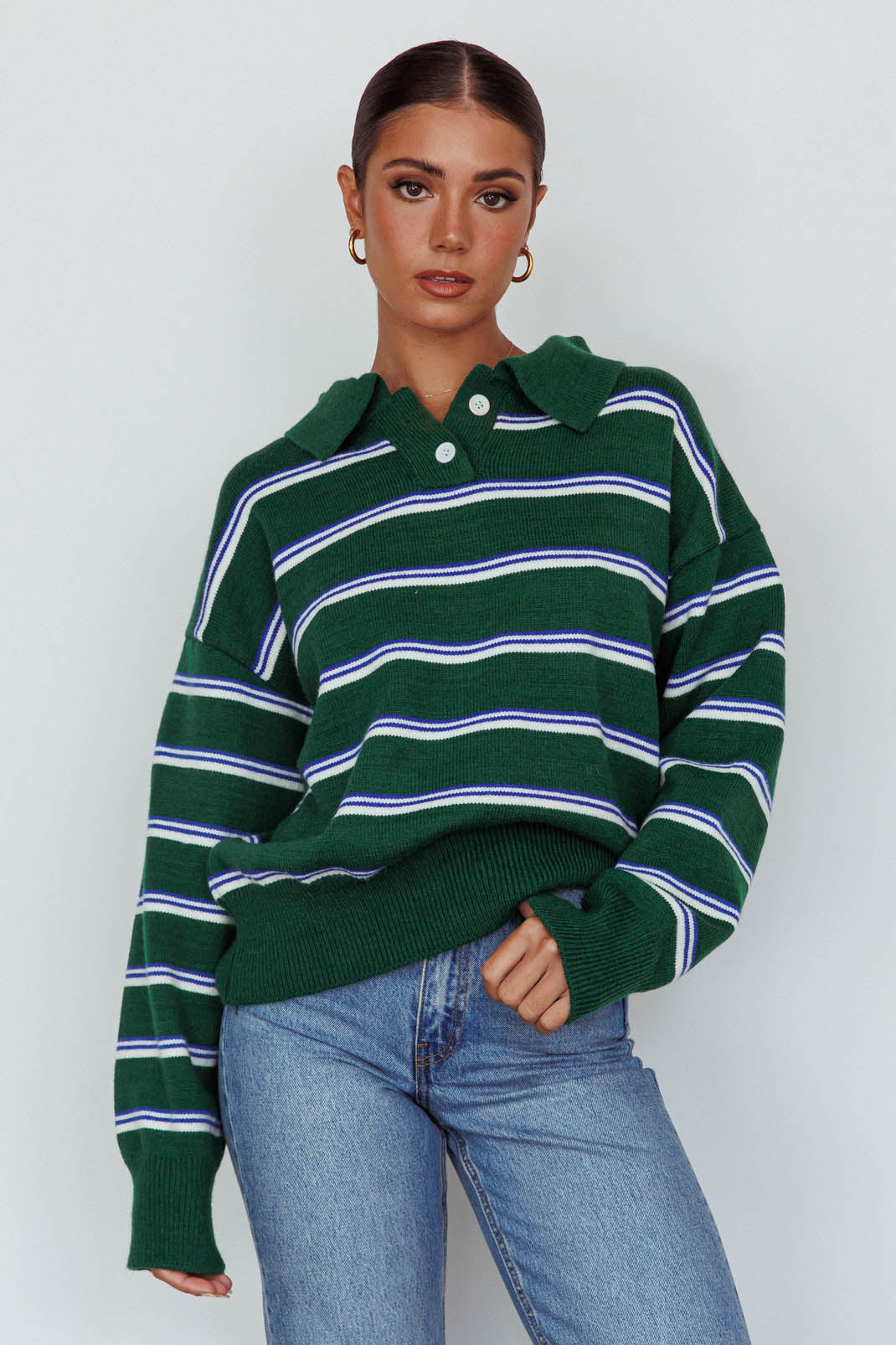 Boston Collared Knit Sweater Striped Forest Green by Selfie Leslie Australia