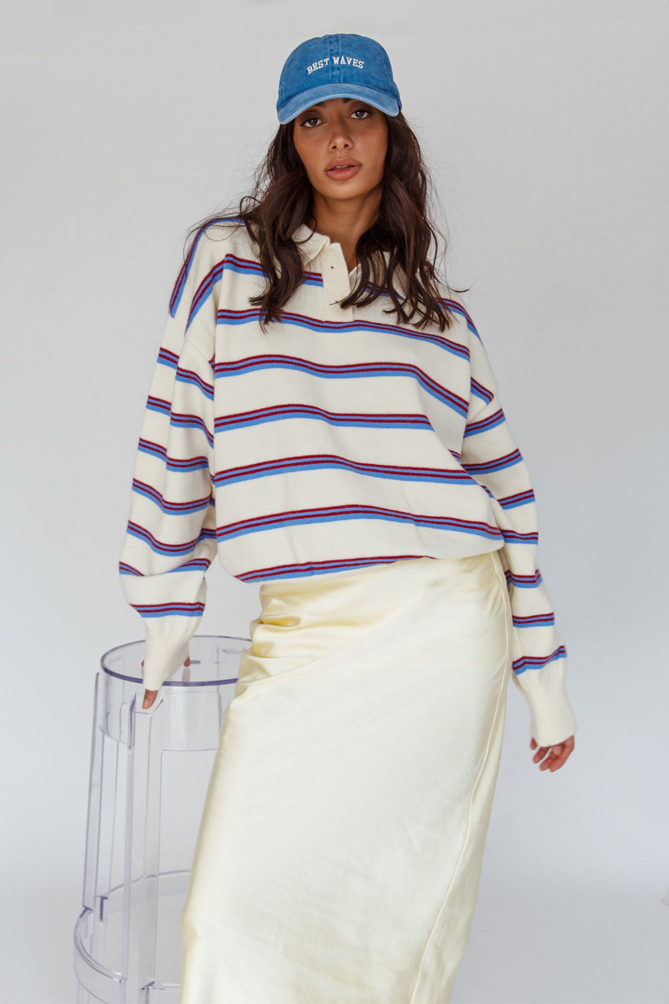 Boston Collared Knit Sweater Striped White by Selfie Leslie Australia