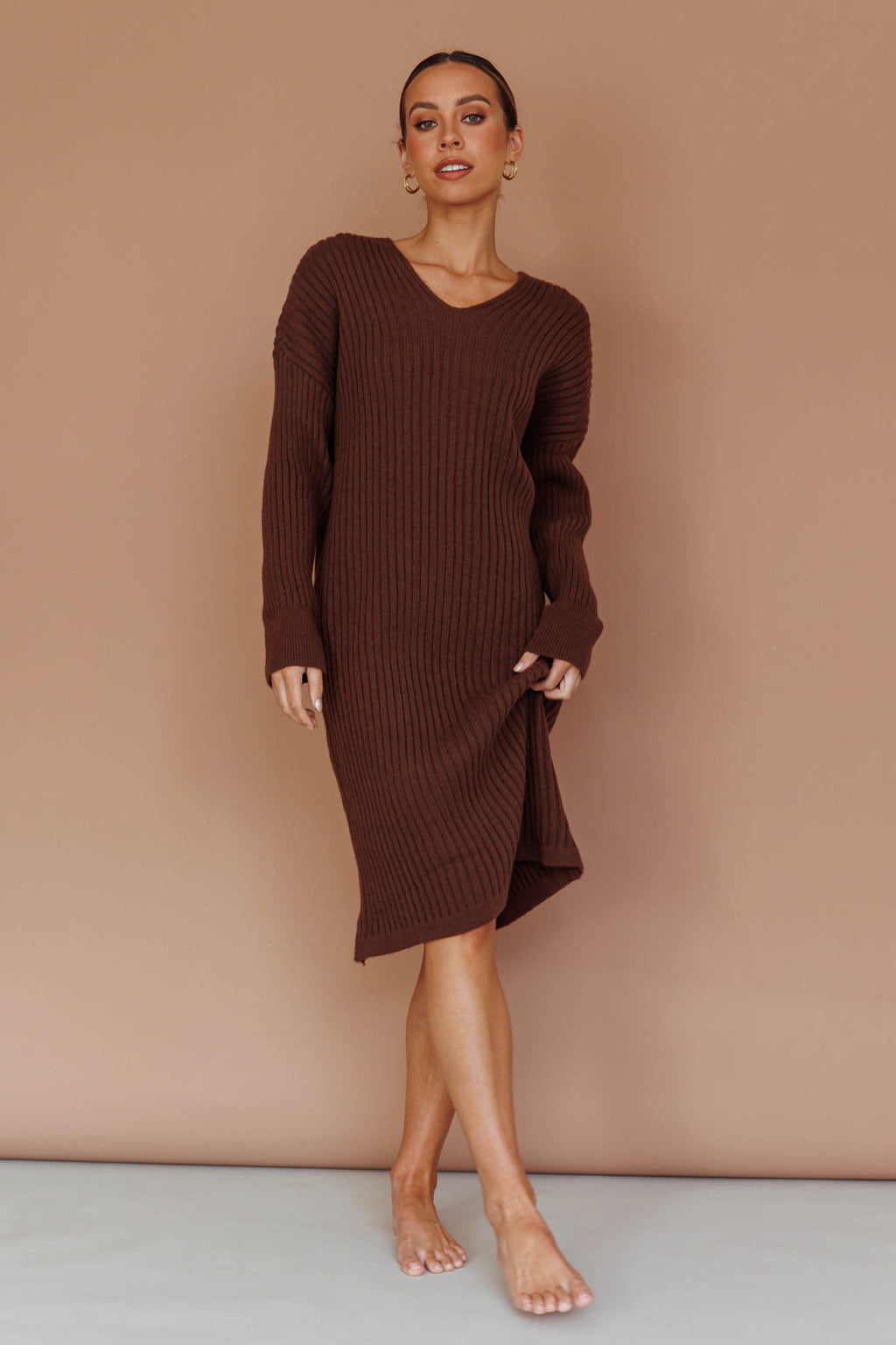 Autumn Hooded Sweater Midi Dress Chocolate by Selfie Leslie Australia