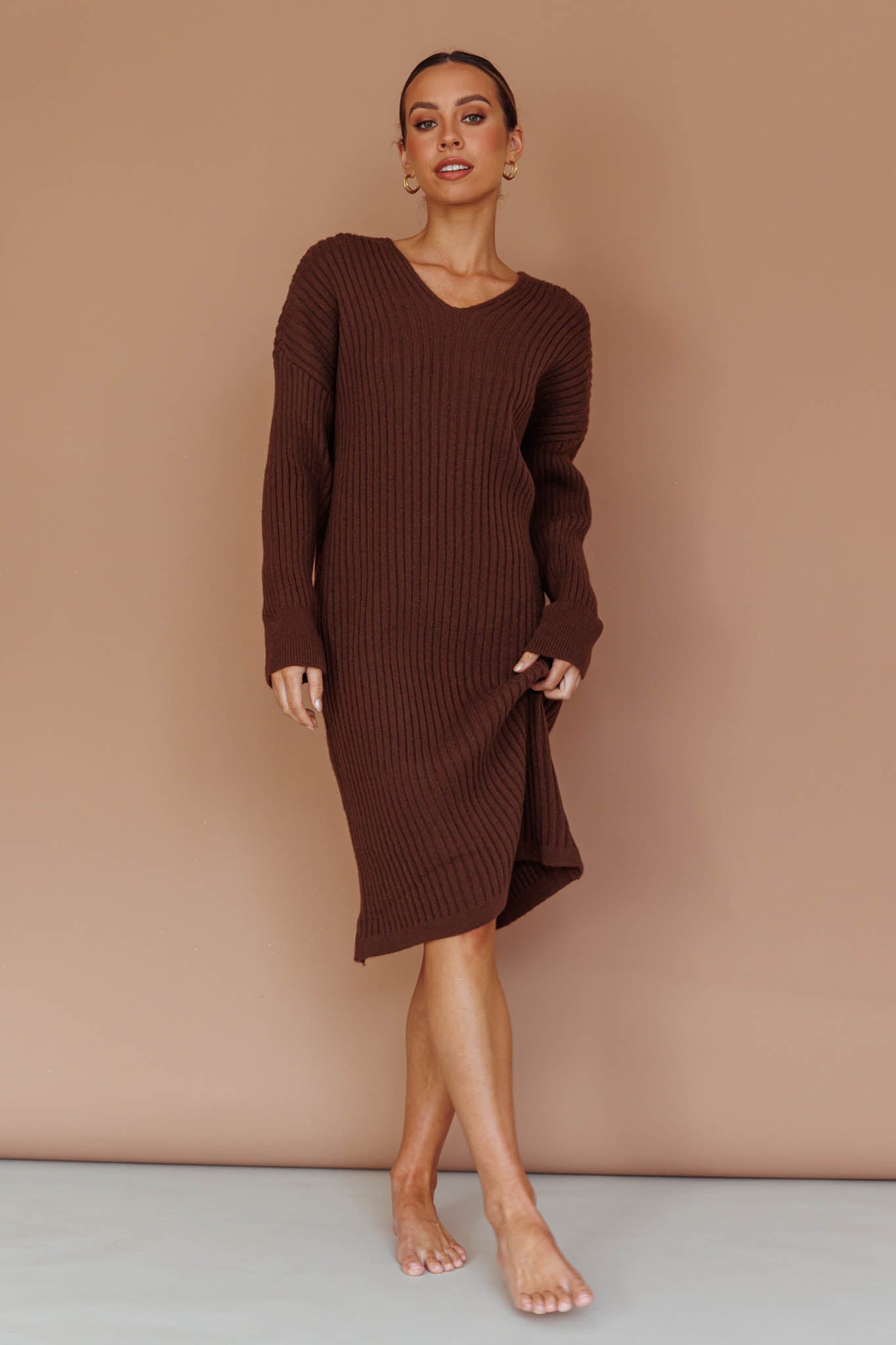 Autumn Hooded Sweater Midi Dress Chocolate by Selfie Leslie Australia