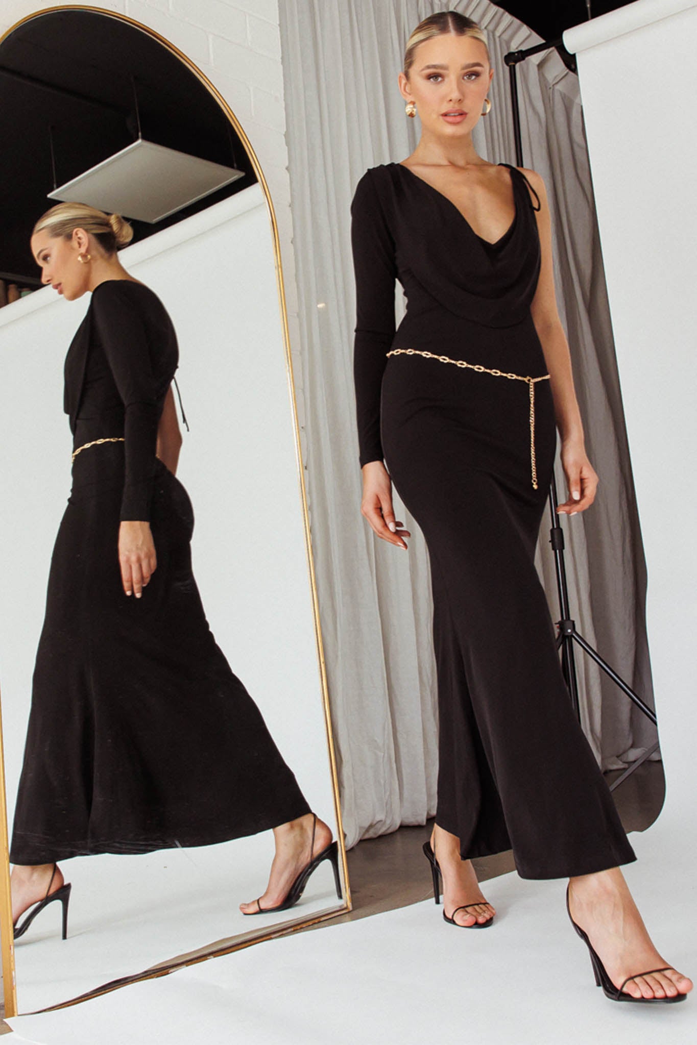 Star Walker One Sleeve Maxi Dress Black by Selfie Leslie Australia