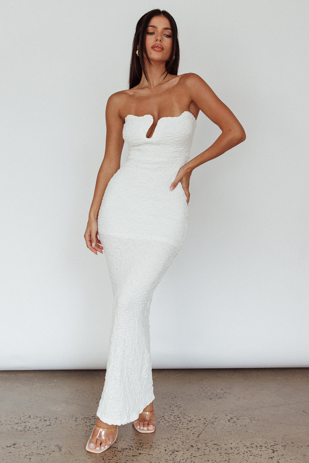 Horizon Strapless Textured Midi Dress White by Selfie Leslie Australia