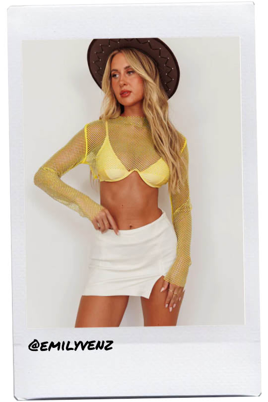 Last Call Fishnet Crop Top Yellow by Selfie Leslie Australia