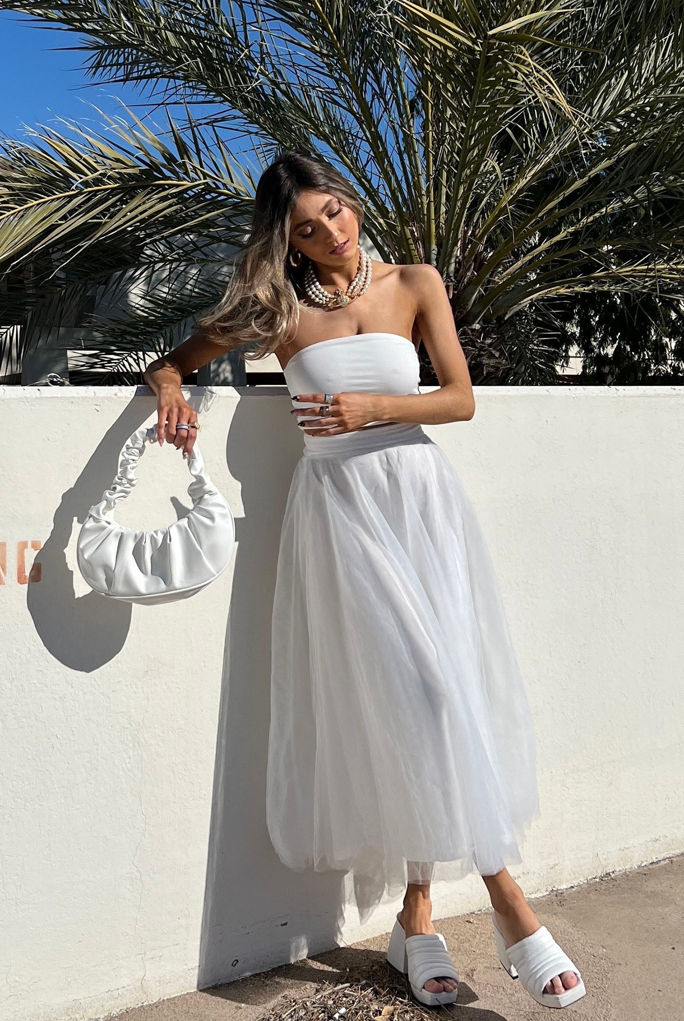 Jasmine Organza Mesh Elasticated Waist Midi Skirt White by Selfie Leslie