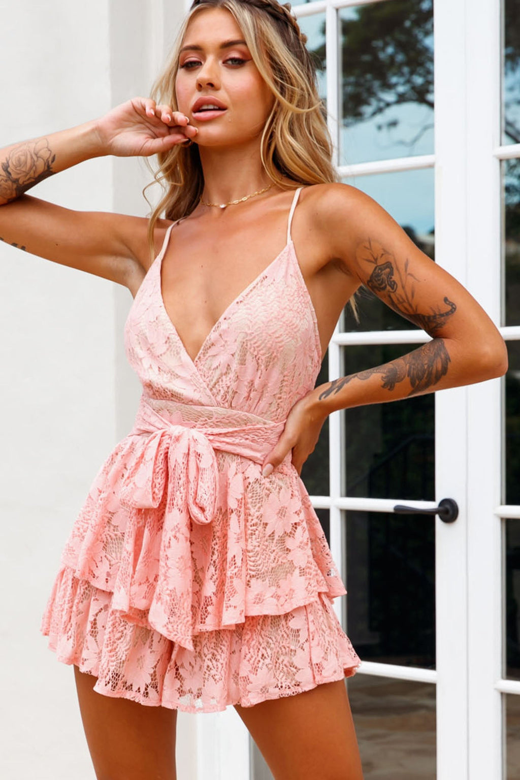 Maddox Fit & Flare Cami Strap Romper Floral Lace Blush by Selfie Leslie