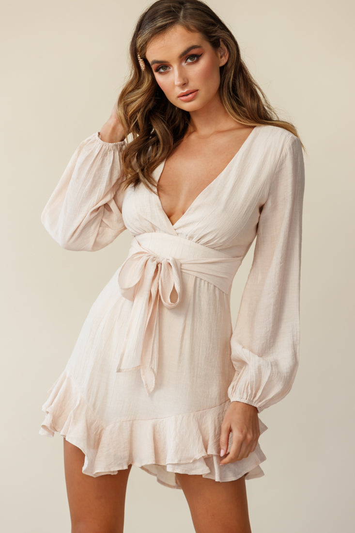 Maddox Long Sleeve Layered Ruffle Hem Dress Beige by Selfie Leslie