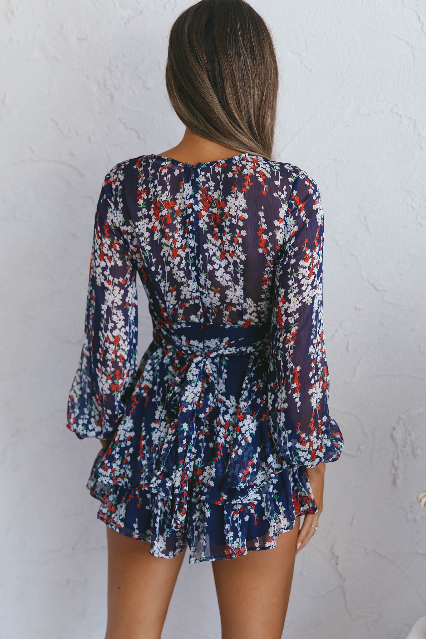 Maddox Fit & Flare Long Sleeve Romper Floral Vine Navy by Selfie Leslie