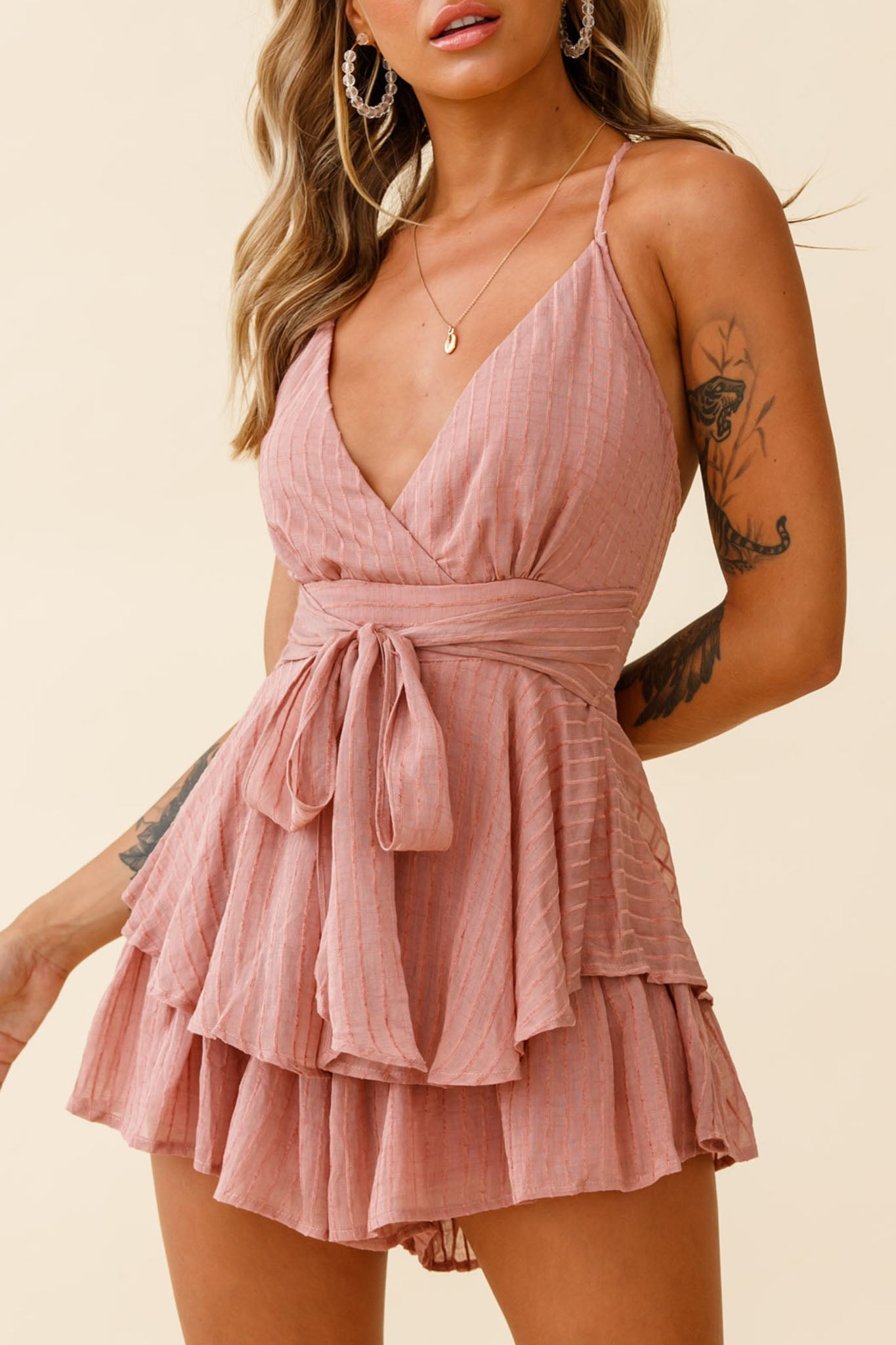 Maddox Fit & Flare Cami Strap Romper Textured Stripe Rose by Selfie Leslie