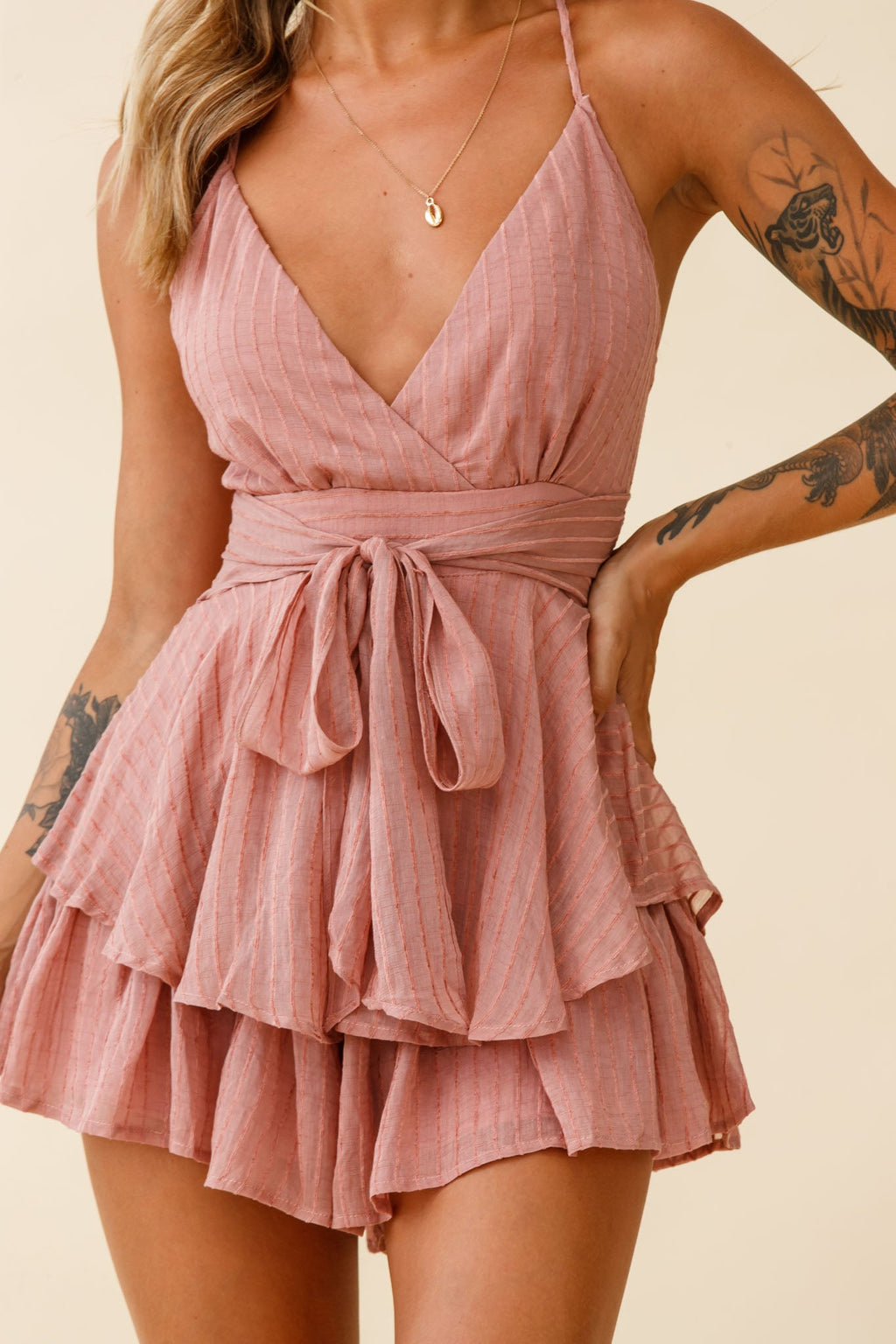 Maddox Fit & Flare Cami Strap Romper Textured Stripe Rose by Selfie Leslie