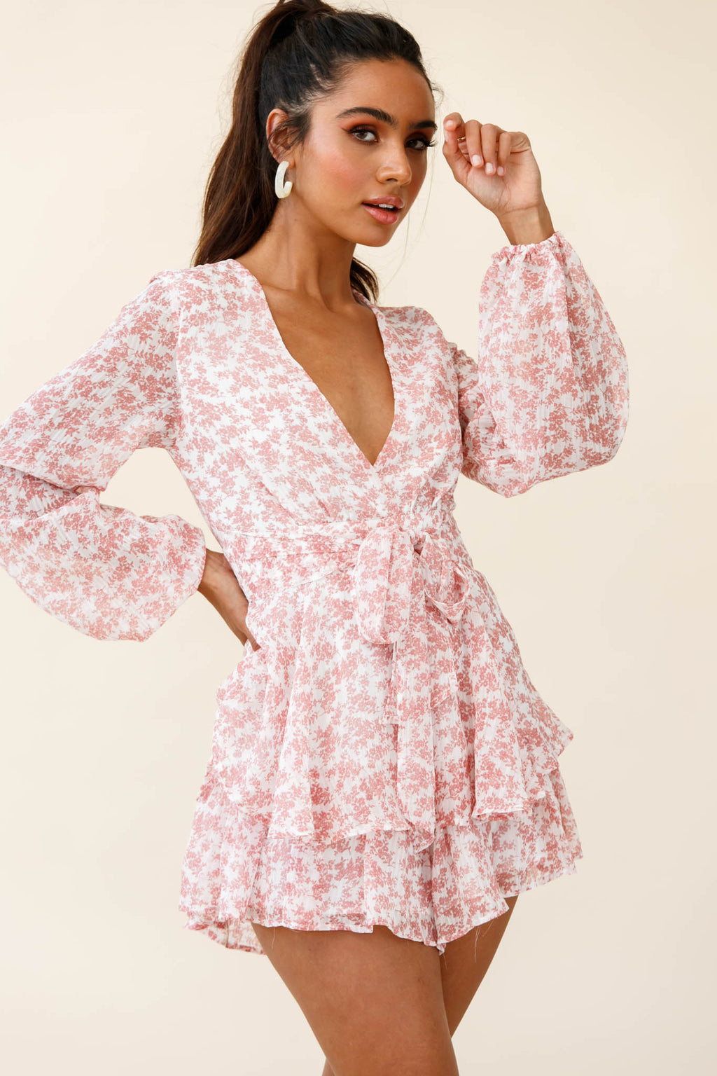 Maddox Fit & Flare Long Sleeve Romper Dainty Floral Print Pink by Selfie Leslie