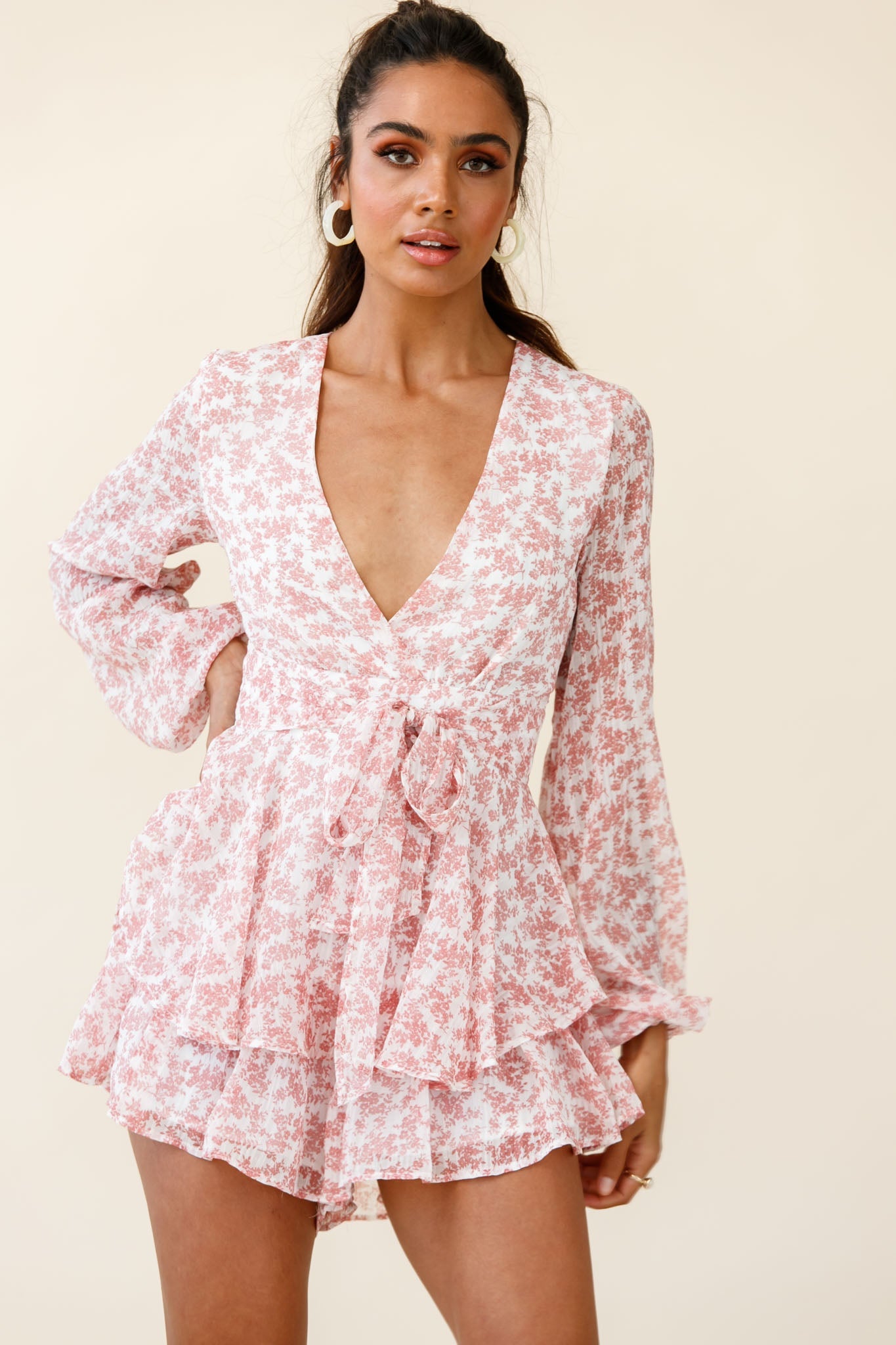 Maddox Fit & Flare Long Sleeve Romper Dainty Floral Print Pink by Selfie Leslie
