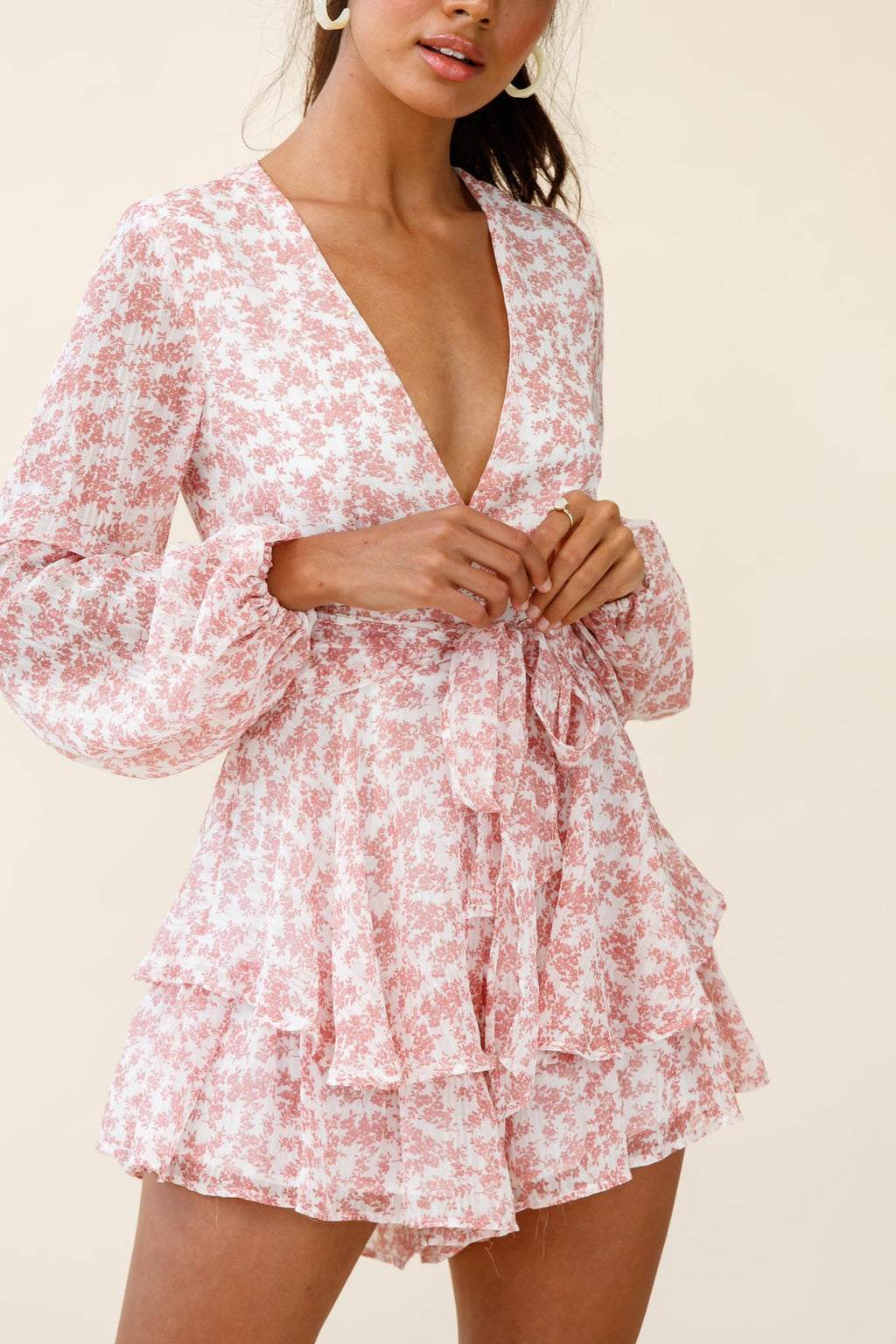 Maddox Fit & Flare Long Sleeve Romper Dainty Floral Print Pink by Selfie Leslie
