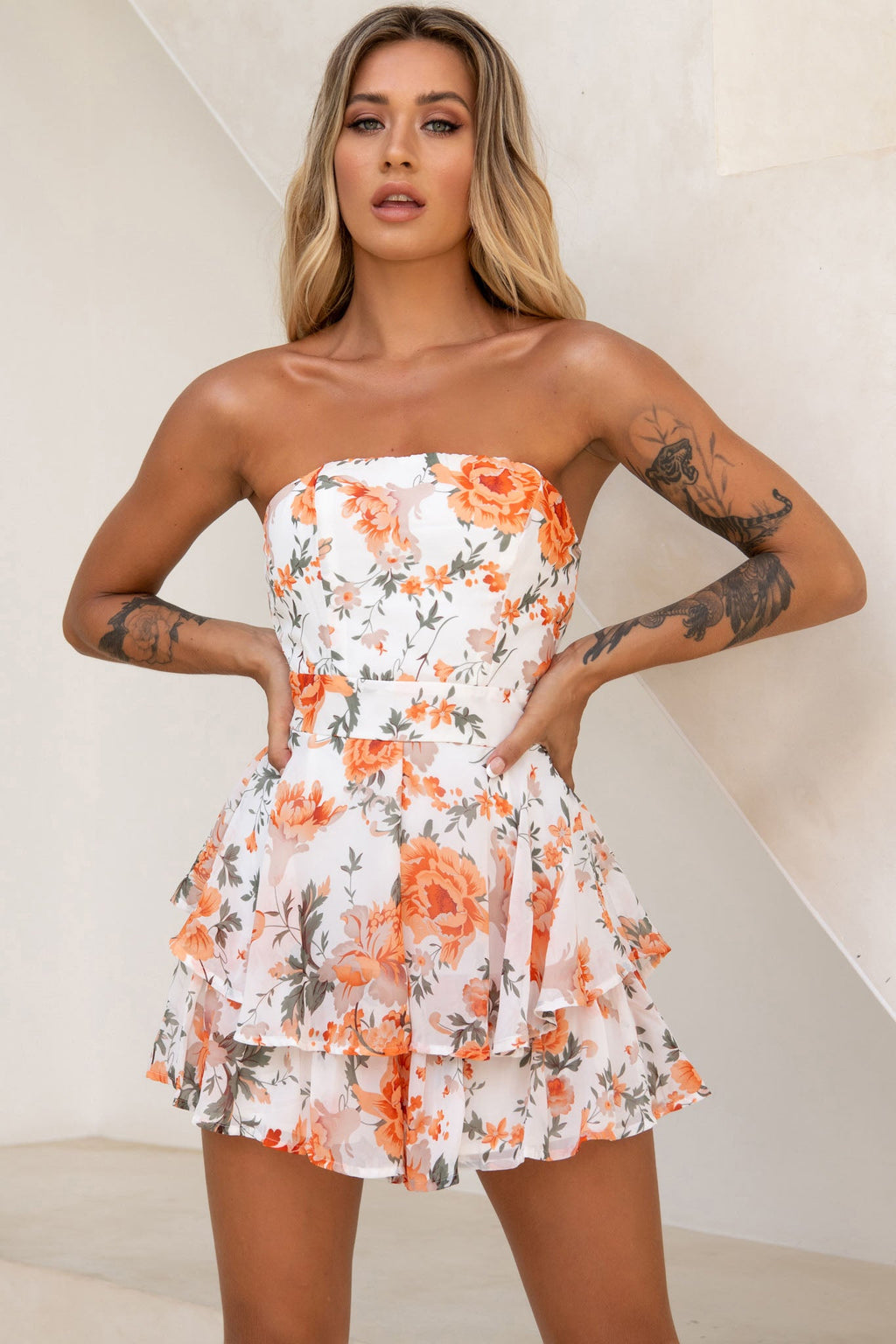 Maddox Fit & Flare Bandeau Romper Rose Print Orange by Selfie Leslie