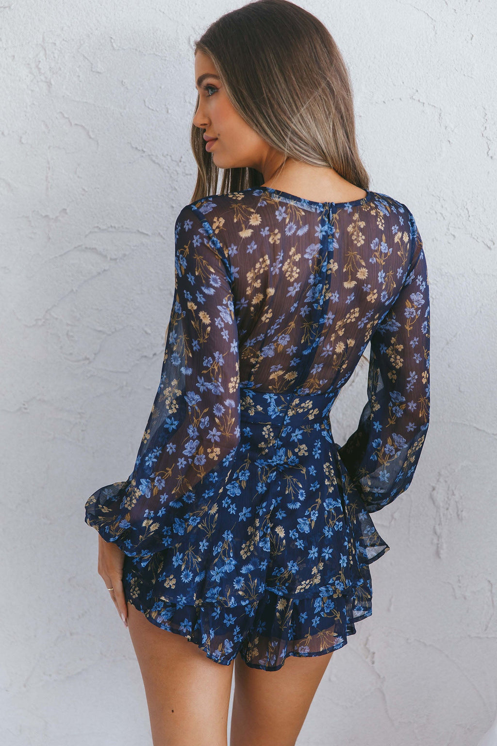 Maddox Fit & Flare Long Sleeve Romper Botanic Print Navy by Selfie Leslie