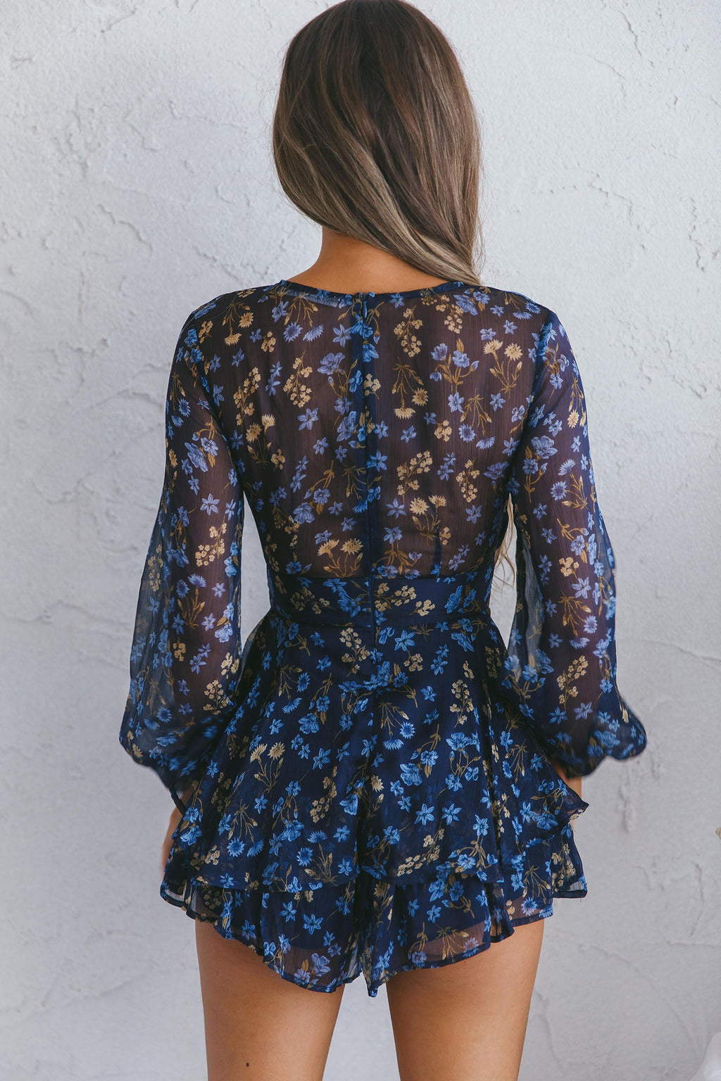 Maddox Fit & Flare Long Sleeve Romper Botanic Print Navy by Selfie Leslie