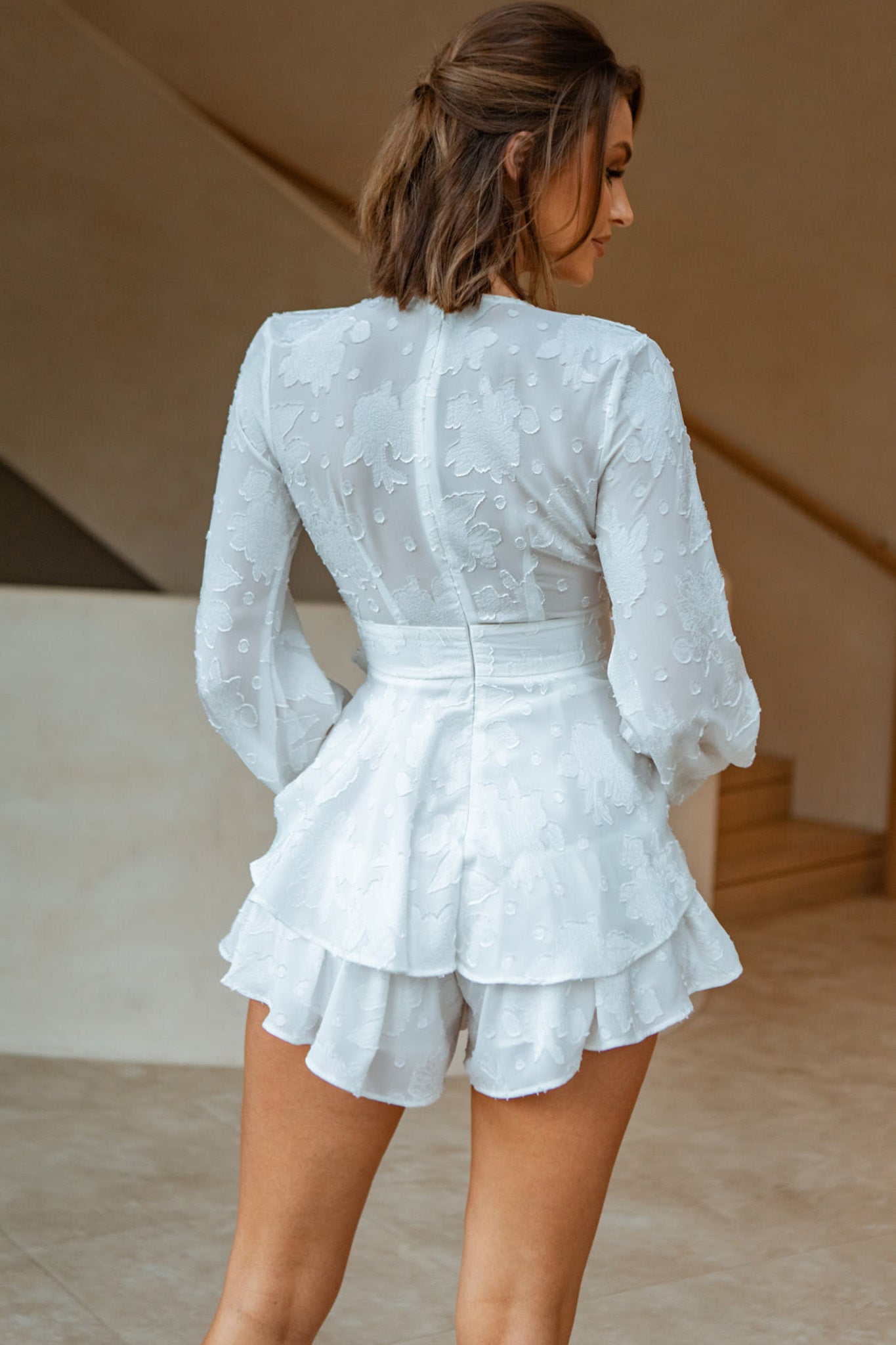 Maddox Fit & Flare Long Sleeve Romper Textured Floral White by Selfie Leslie