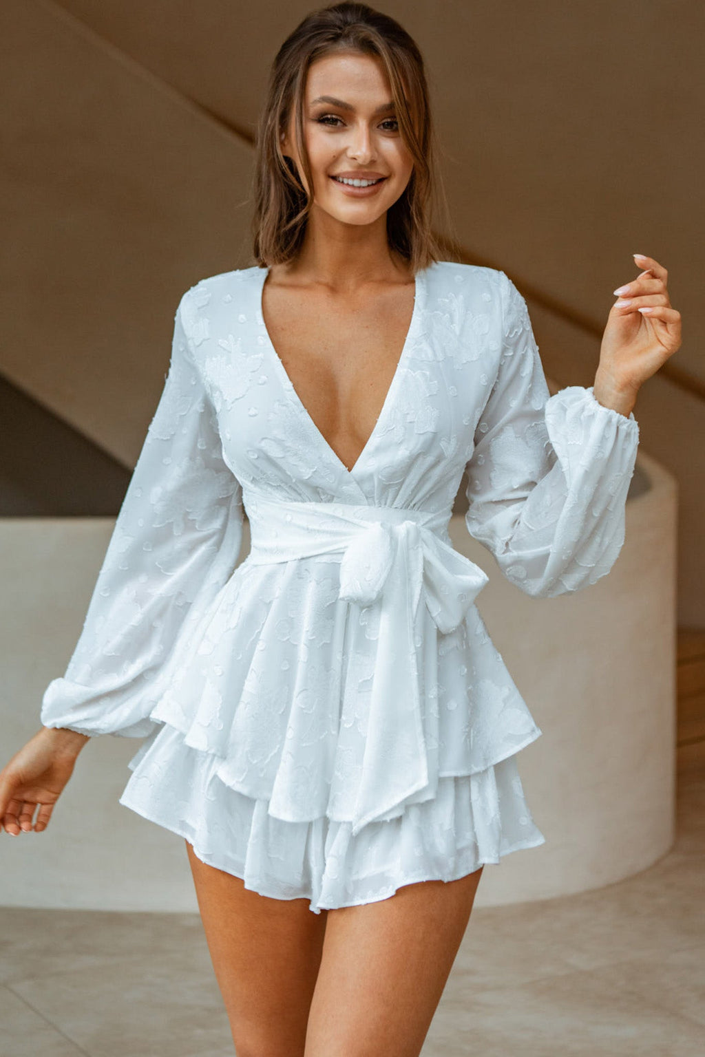 Maddox Fit & Flare Long Sleeve Romper Textured Floral White by Selfie Leslie