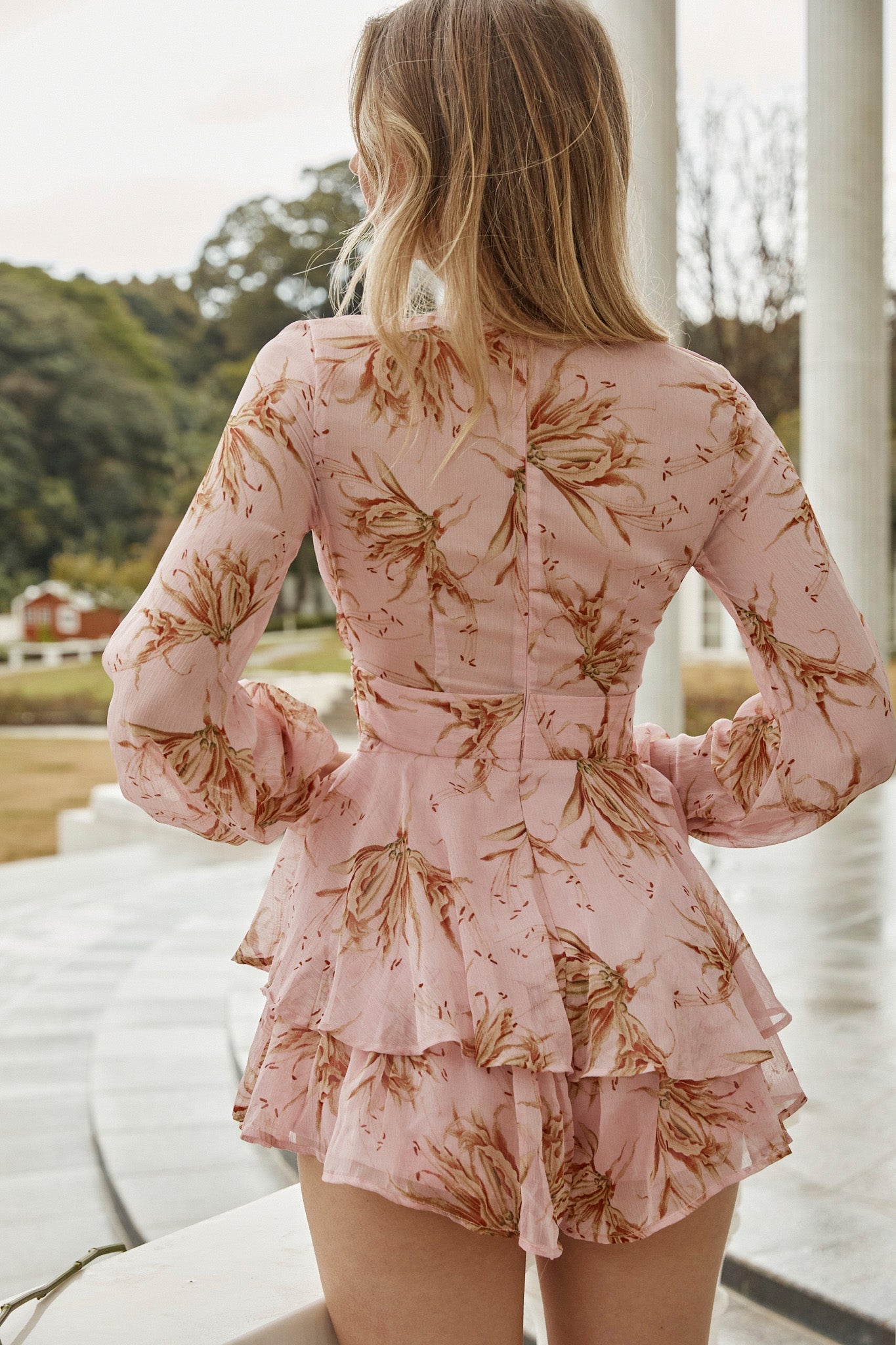 Maddox Fit & Flare Long Sleeve Romper Lily Print Pink by Selfie Leslie