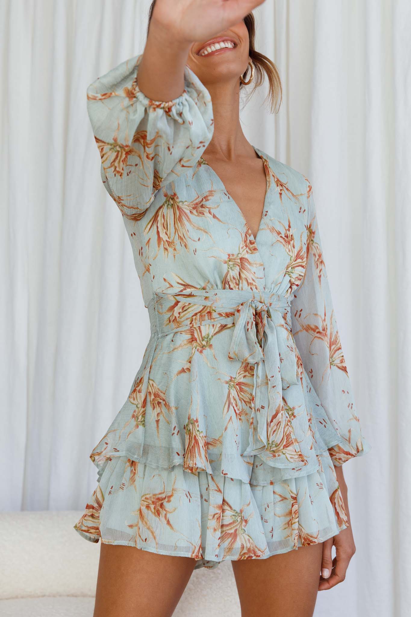Maddox Fit & Flare Long Sleeve Romper Lily Print Pistachio by Selfie Leslie