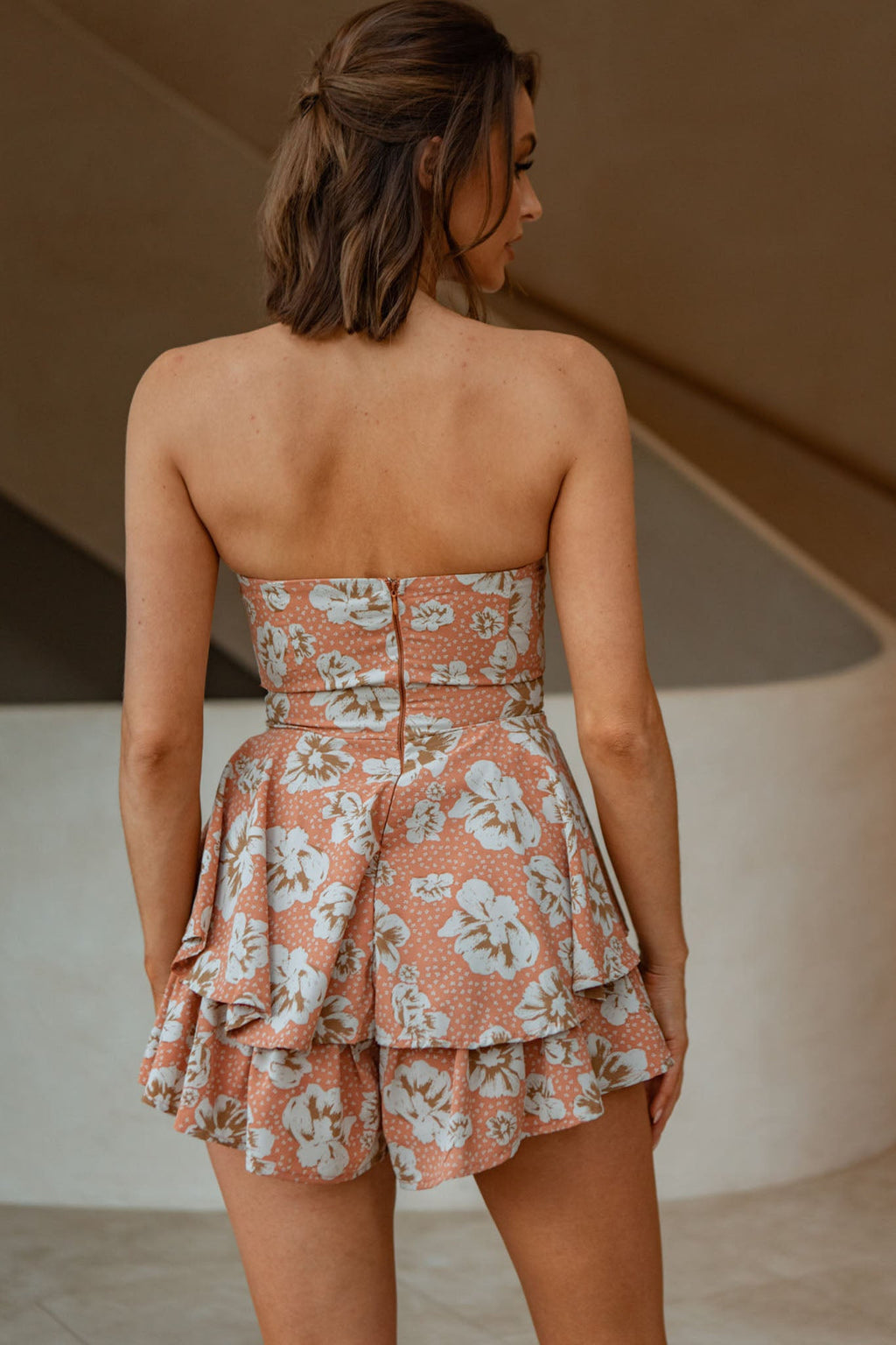 Maddox Fit & Flare Bandeau Romper Flower Print Rust by Selfie Leslie